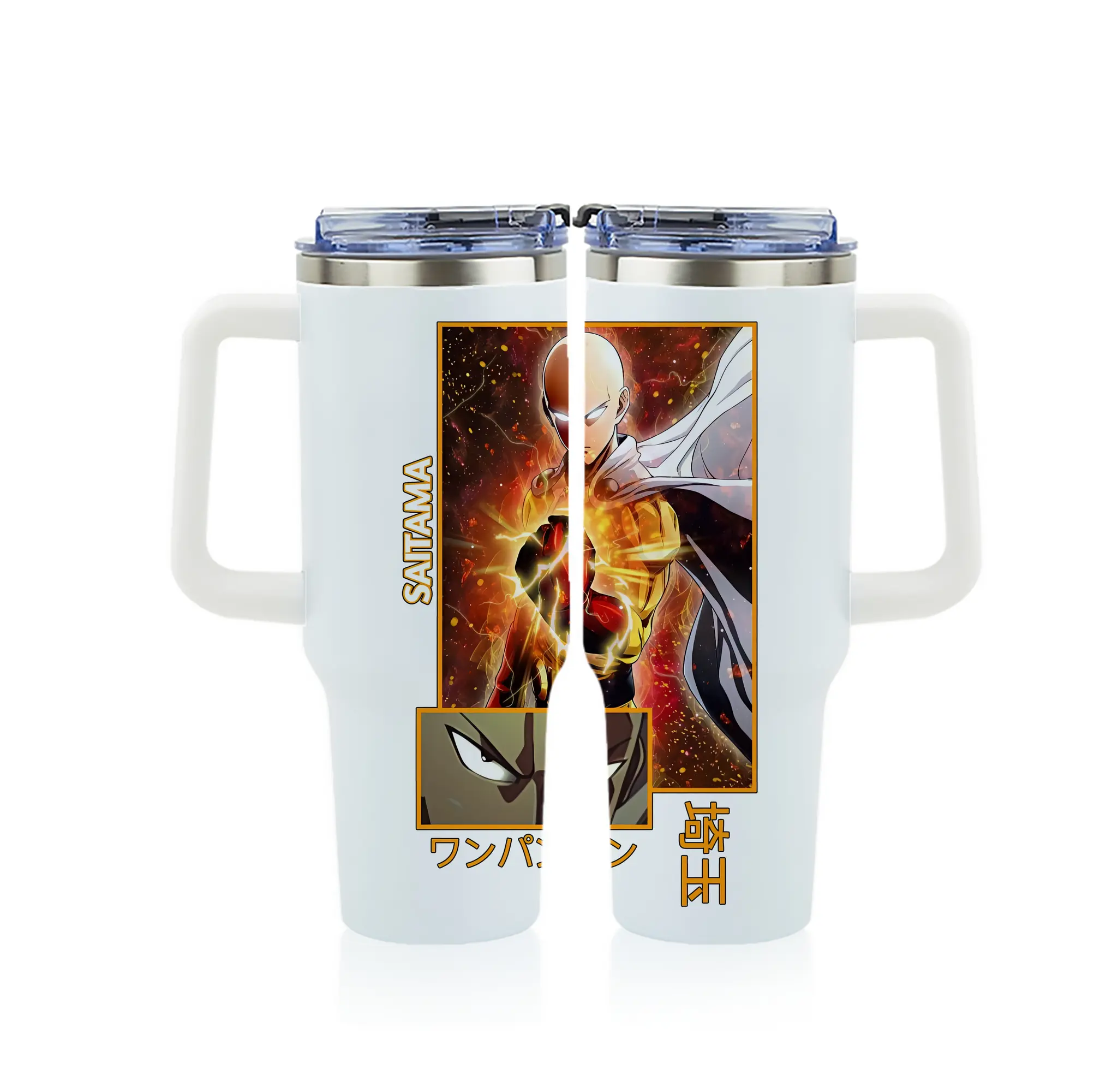 ワンパンマン グッズ サイタマ - 1200mL フルプリント車用タンブラー ・ 304ステンレス 内側 ・ 201ステンレス 外側 ・ 保温 保冷 ・ 通勤 ドライブ アウトドア用