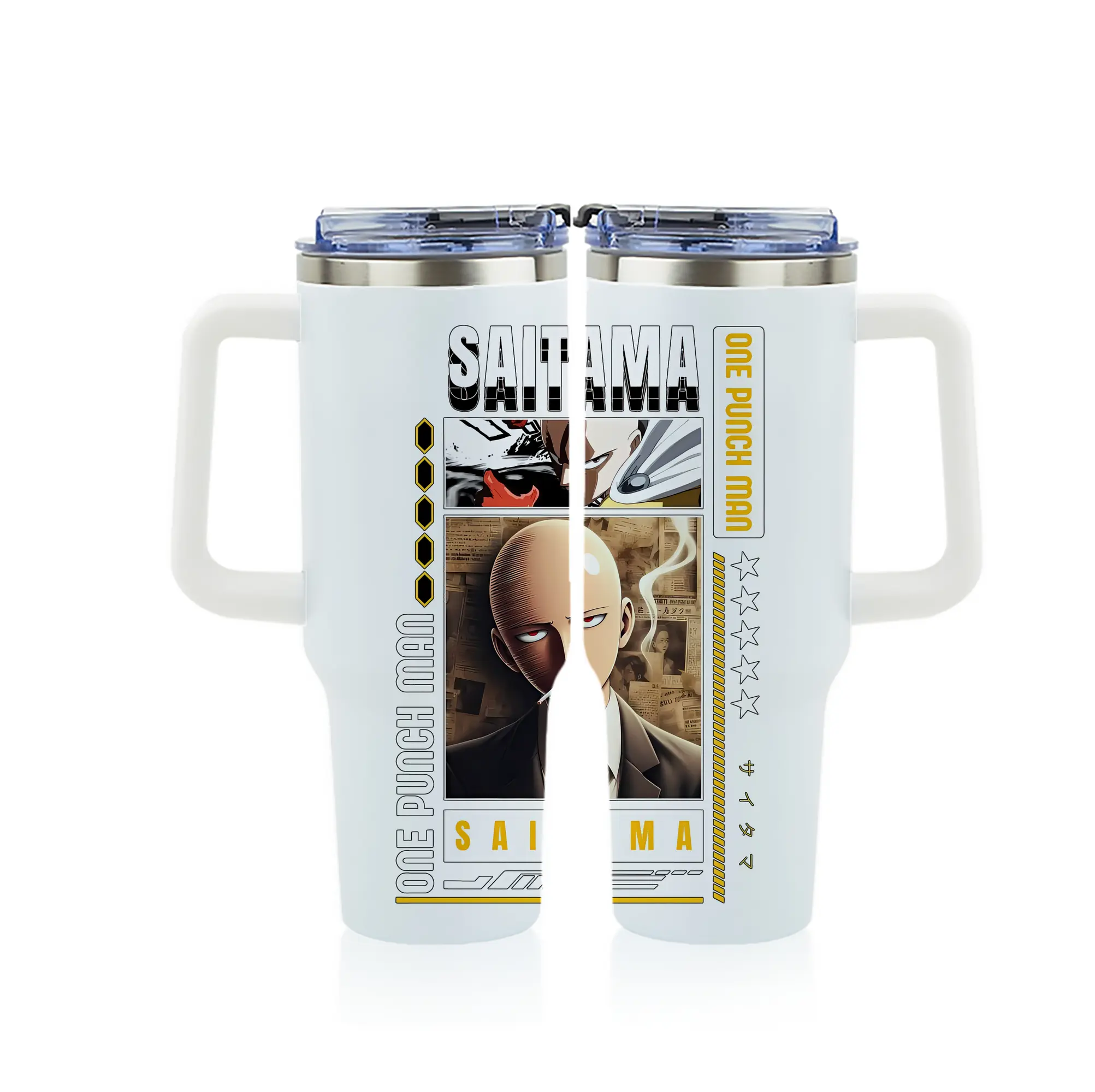 ワンパンマン グッズ サイタマ - 1200mL フルプリント車用タンブラー ・ 304ステンレス 内側 ・ 201ステンレス 外側 ・ 保温 保冷 ・ 通勤 ドライブ アウトドア用