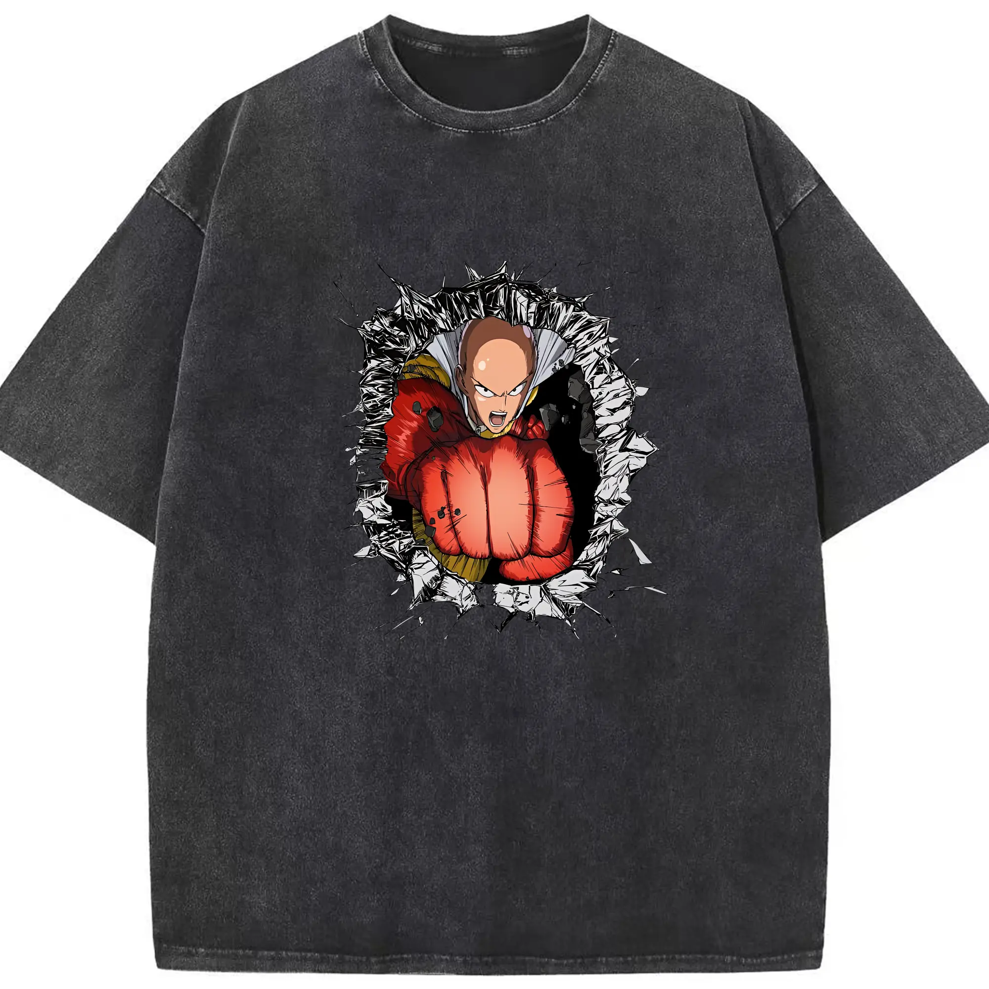 ワンパンマン グッズ サイタマ - 綿100％ ヴィンテージ風 半袖Tシャツ ・ フロントプリント ・ 柔らか肌触り ・ 通気性 快適 ・ スポーツ カジュアル 外出用