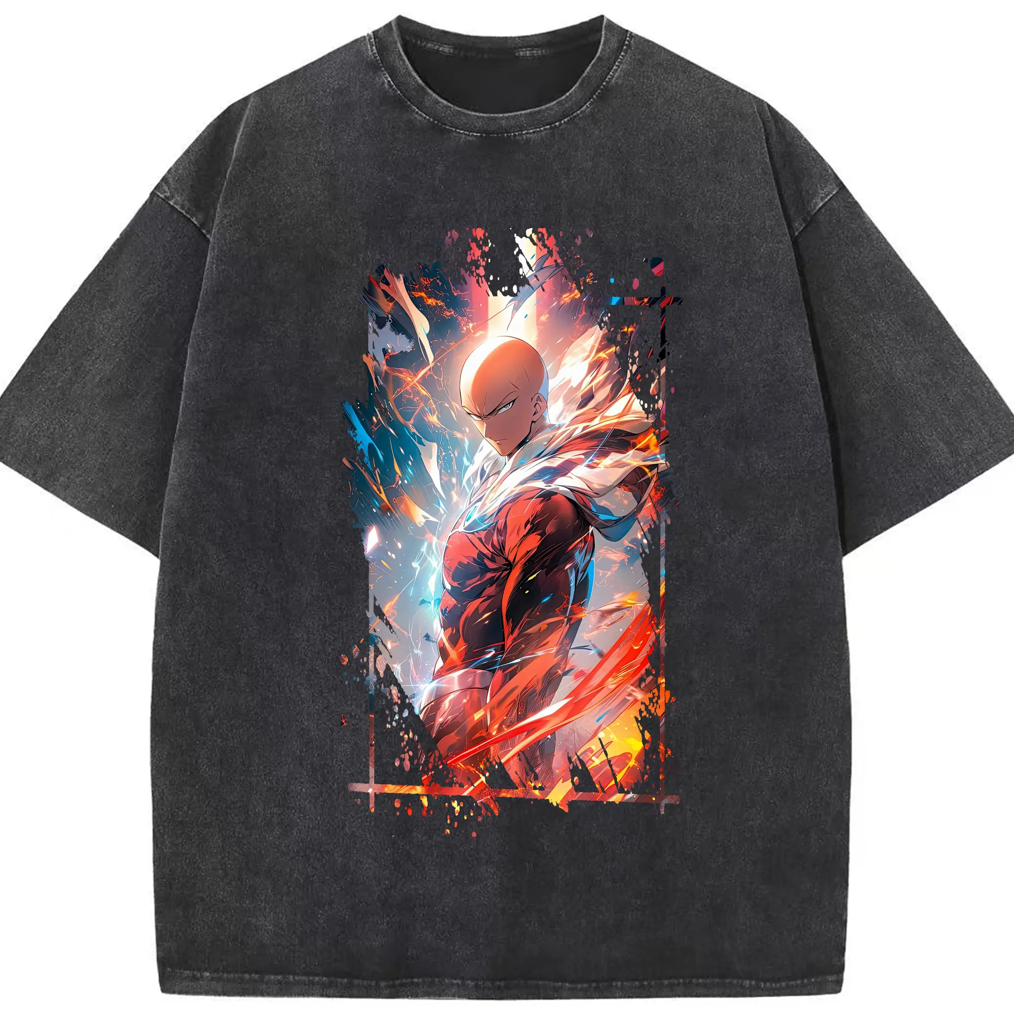 ワンパンマン グッズ サイタマ - 綿100％ ヴィンテージ風 半袖Tシャツ ・ フロントプリント ・ 柔らか肌触り ・ 通気性 快適 ・ スポーツ カジュアル 外出用