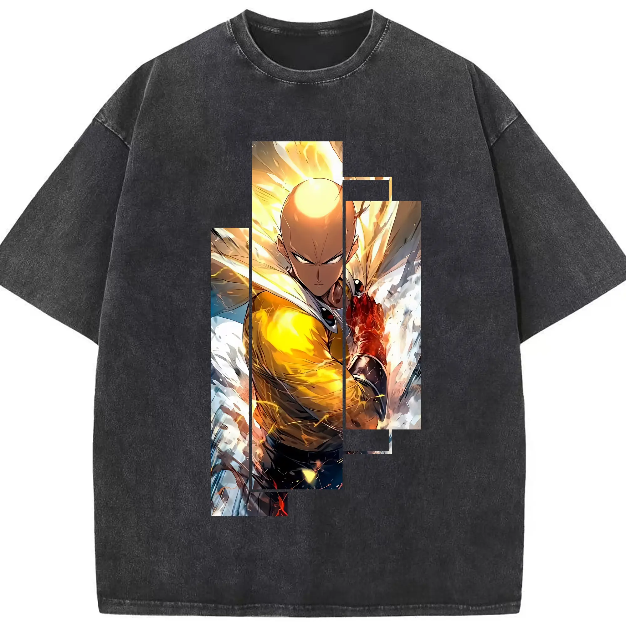 ワンパンマン グッズ サイタマ - 綿100％ ヴィンテージ風 半袖Tシャツ ・ フロントプリント ・ 柔らか肌触り ・ 通気性 快適 ・ スポーツ カジュアル 外出用