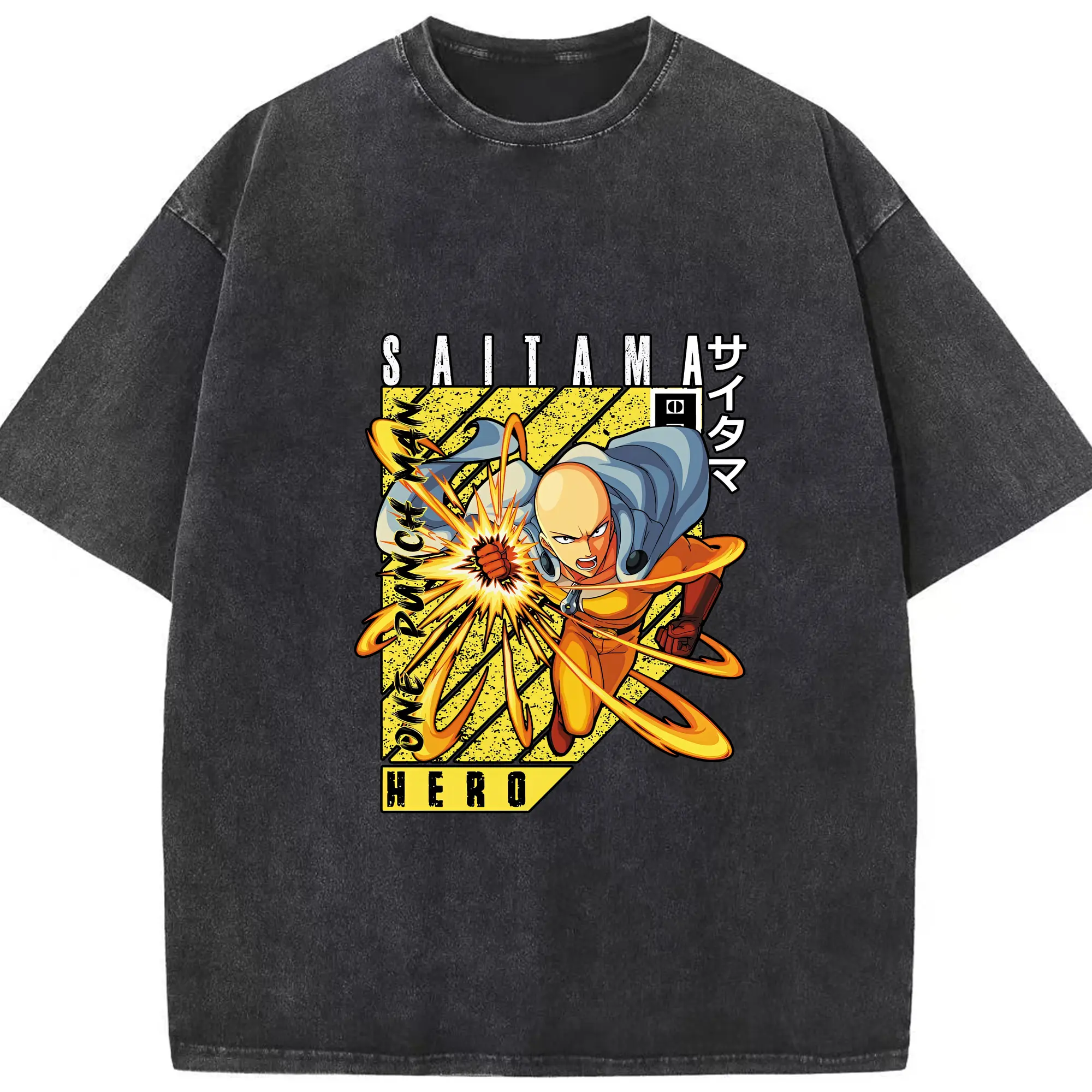 ワンパンマン グッズ サイタマ - 綿100％ ヴィンテージ風 半袖Tシャツ ・ フロントプリント ・ 柔らか肌触り ・ 通気性 快適 ・ スポーツ カジュアル 外出用