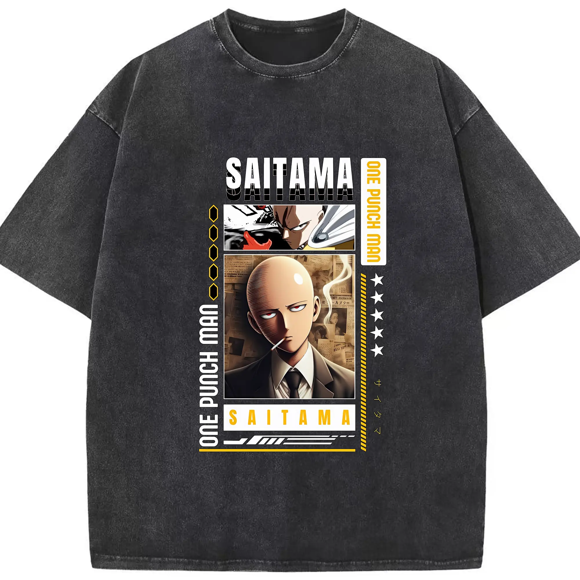 ワンパンマン グッズ サイタマ - 綿100％ ヴィンテージ風 半袖Tシャツ ・ フロントプリント ・ 柔らか肌触り ・ 通気性 快適 ・ スポーツ カジュアル 外出用