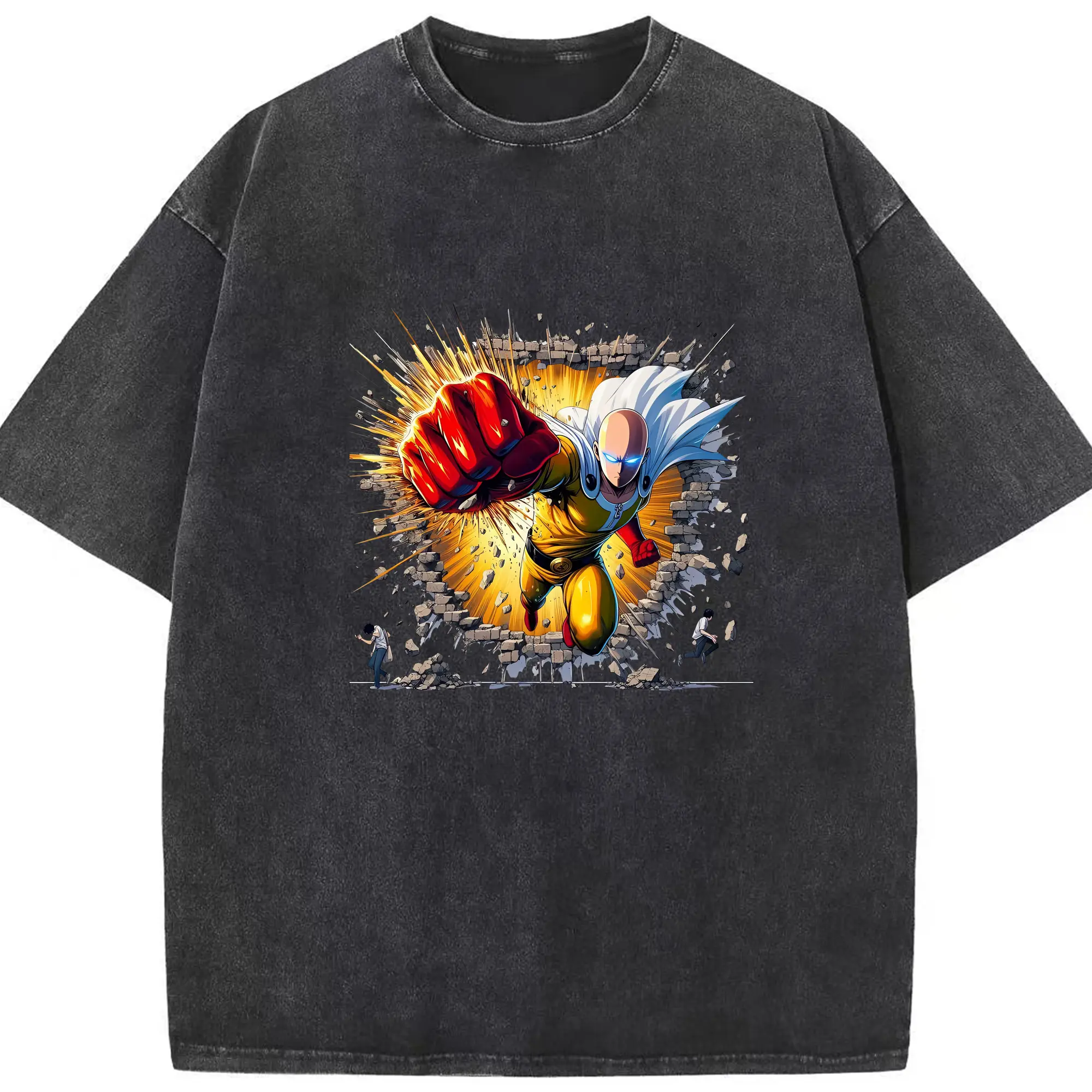 ワンパンマン グッズ サイタマ - 綿100％ ヴィンテージ風 半袖Tシャツ ・ フロントプリント ・ 柔らか肌触り ・ 通気性 快適 ・ スポーツ カジュアル 外出用