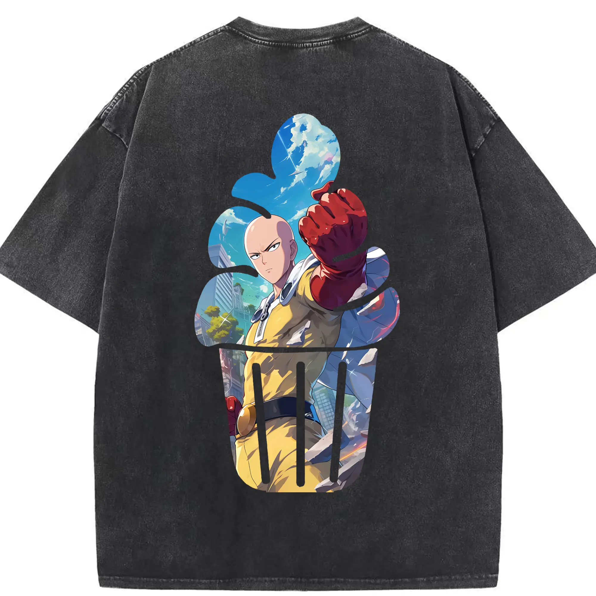 ワンパンマン グッズ サイタマ - 綿100％ ヴィンテージ風 半袖Tシャツ ・ 背面プリント ・ 柔らか肌触り ・ 通気性 快適 ・ スポーツ カジュアル 外出用