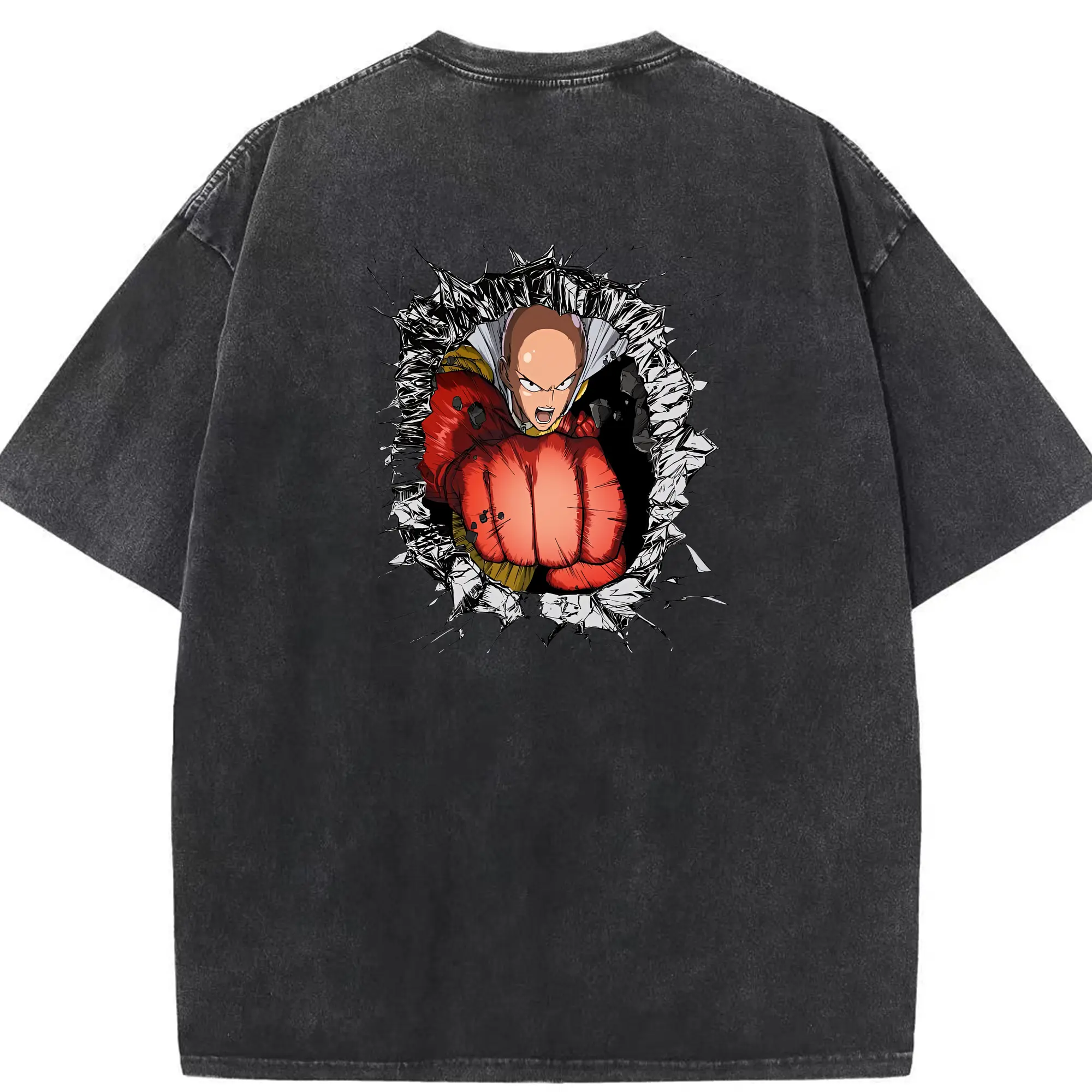 ワンパンマン グッズ サイタマ - 綿100％ ヴィンテージ風 半袖Tシャツ ・ 背面プリント ・ 柔らか肌触り ・ 通気性 快適 ・ スポーツ カジュアル 外出用