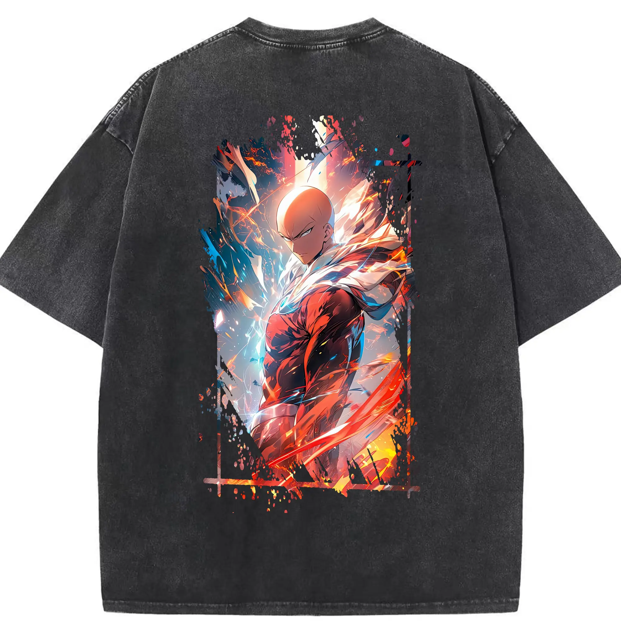 ワンパンマン グッズ サイタマ - 綿100％ ヴィンテージ風 半袖Tシャツ ・ 背面プリント ・ 柔らか肌触り ・ 通気性 快適 ・ スポーツ カジュアル 外出用