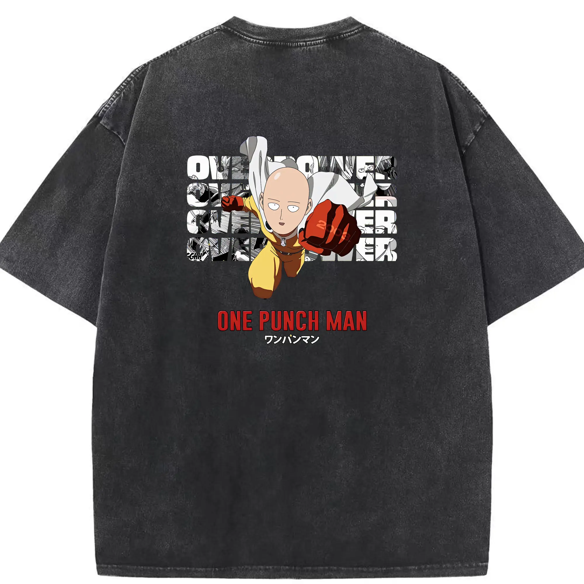 ワンパンマン グッズ サイタマ - 綿100％ ヴィンテージ風 半袖Tシャツ ・ 背面プリント ・ 柔らか肌触り ・ 通気性 快適 ・ スポーツ カジュアル 外出用