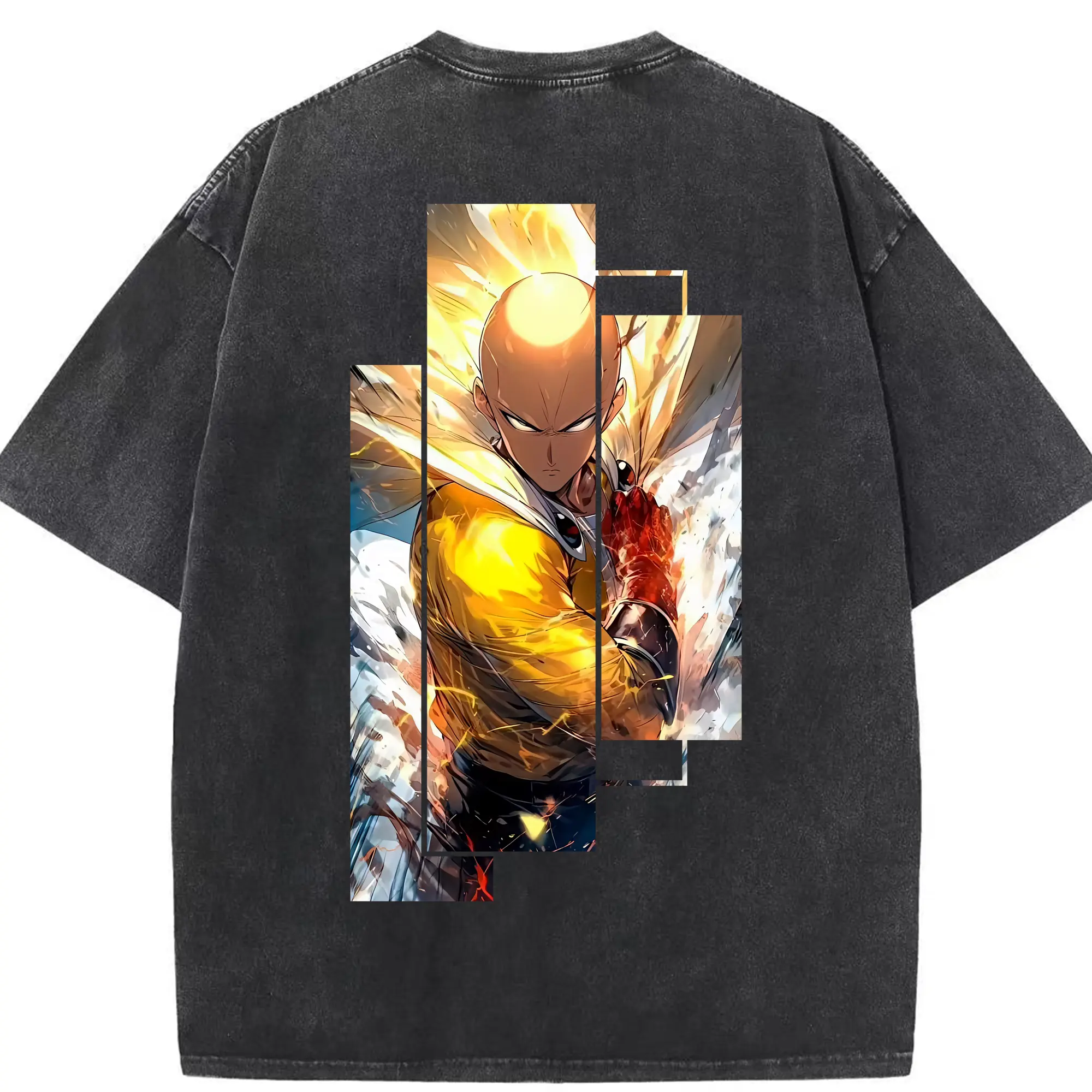 ワンパンマン グッズ サイタマ - 綿100％ ヴィンテージ風 半袖Tシャツ ・ 背面プリント ・ 柔らか肌触り ・ 通気性 快適 ・ スポーツ カジュアル 外出用