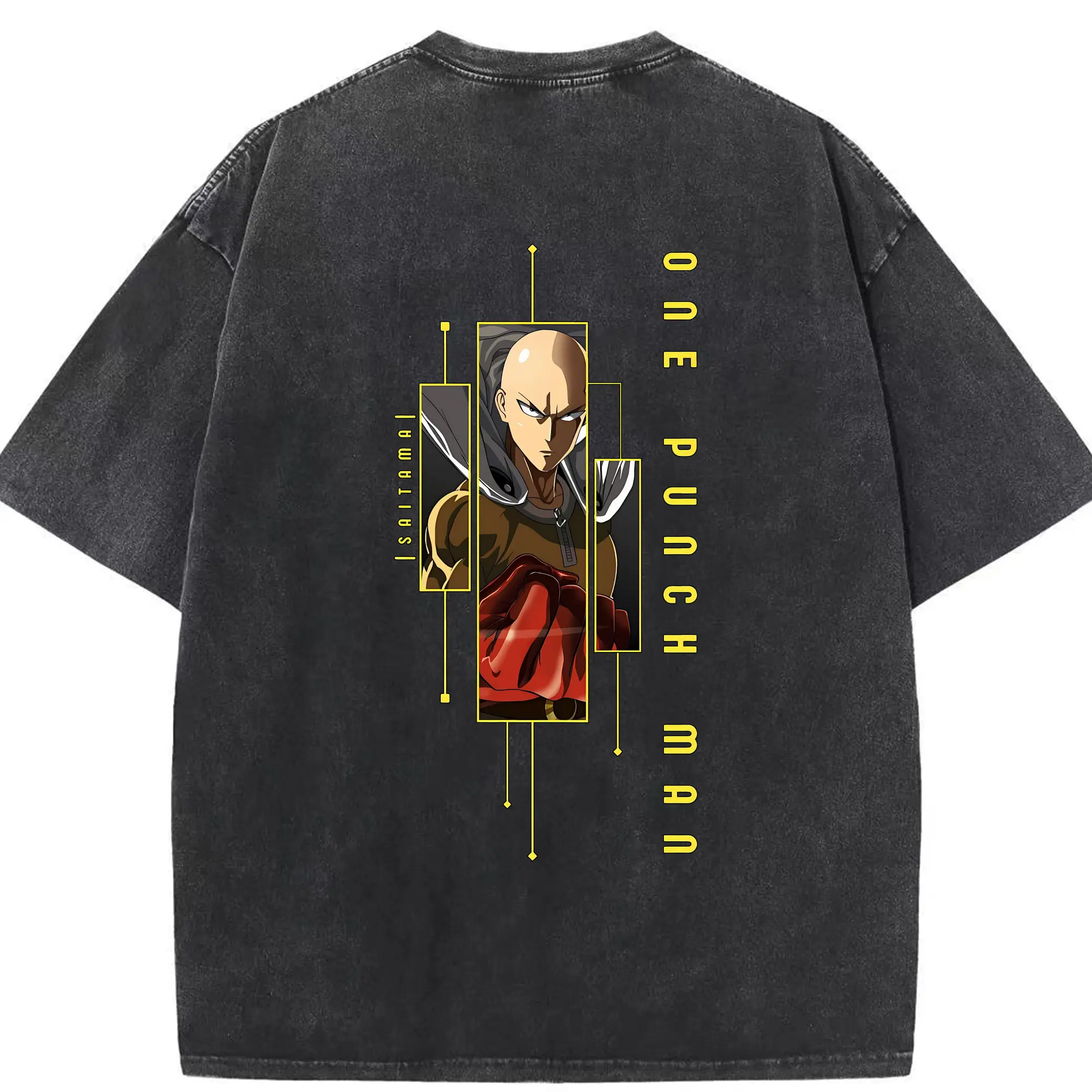 ワンパンマン グッズ サイタマ - 綿100％ ヴィンテージ風 半袖Tシャツ ・ 背面プリント ・ 柔らか肌触り ・ 通気性 快適 ・ スポーツ カジュアル 外出用