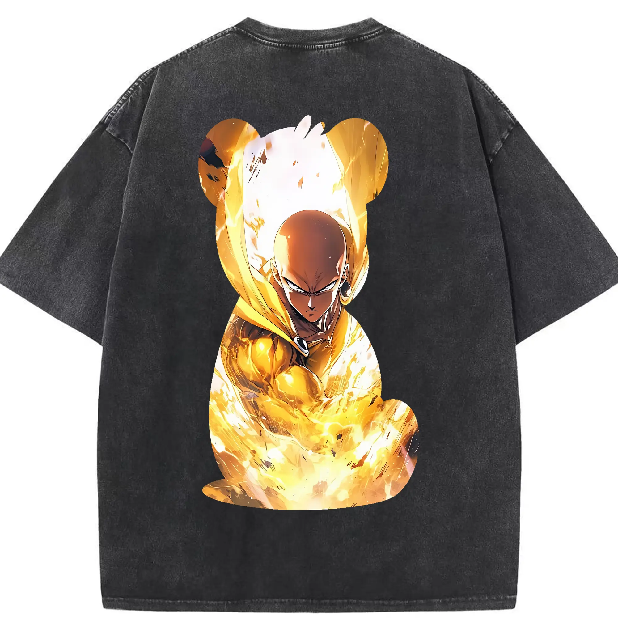 ワンパンマン グッズ サイタマ - 綿100％ ヴィンテージ風 半袖Tシャツ ・ 背面プリント ・ 柔らか肌触り ・ 通気性 快適 ・ スポーツ カジュアル 外出用