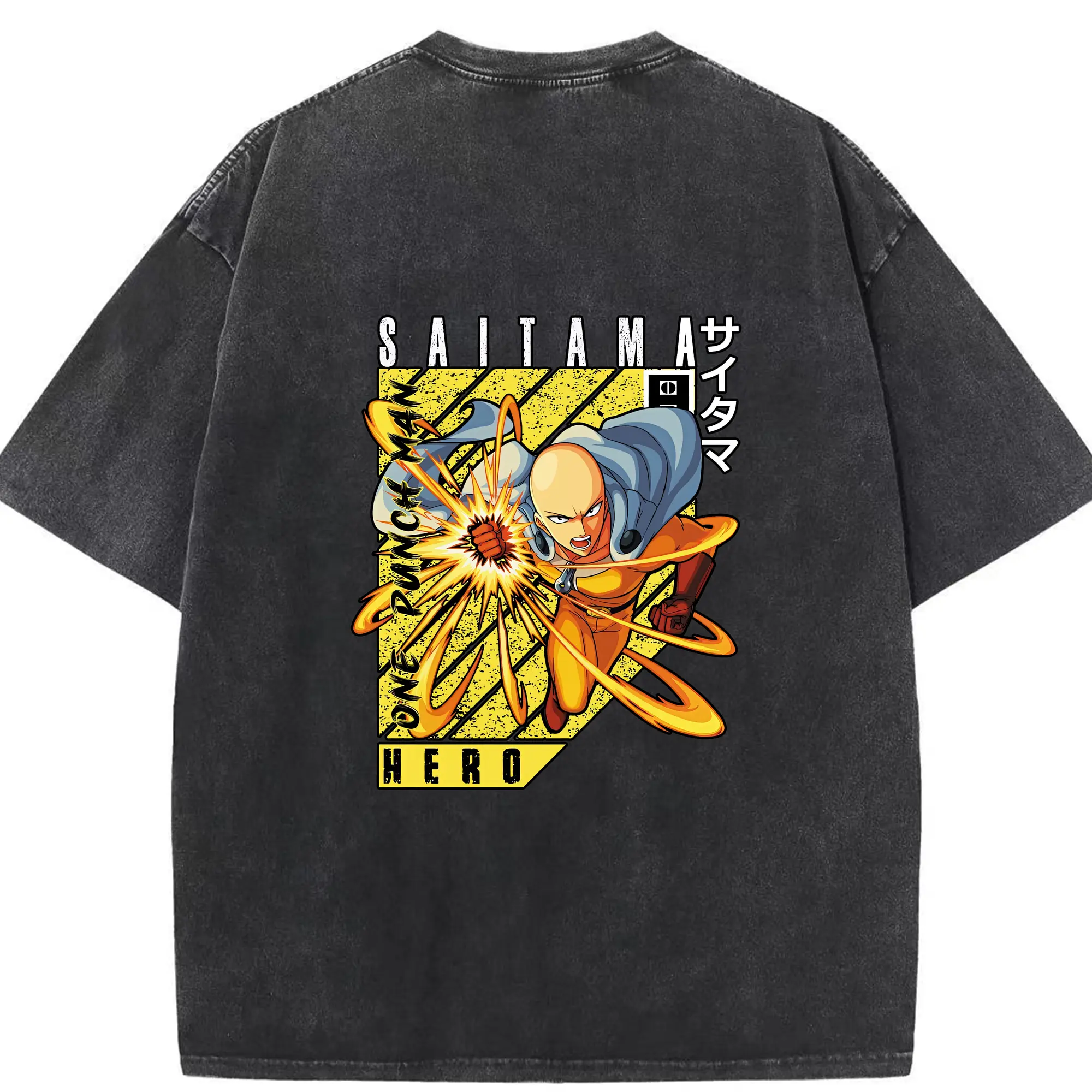 ワンパンマン グッズ サイタマ - 綿100％ ヴィンテージ風 半袖Tシャツ ・ 背面プリント ・ 柔らか肌触り ・ 通気性 快適 ・ スポーツ カジュアル 外出用