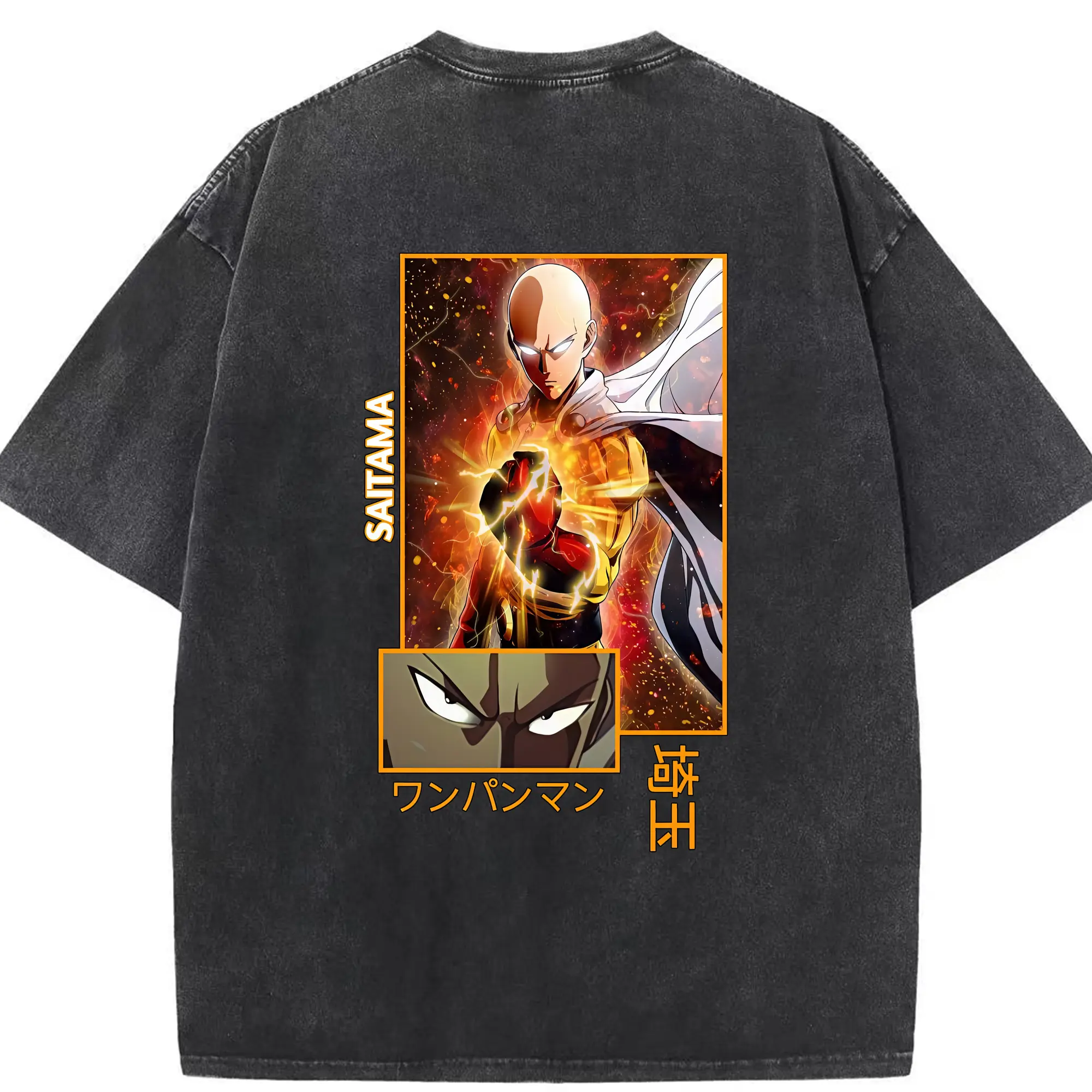 ワンパンマン グッズ サイタマ - 綿100％ ヴィンテージ風 半袖Tシャツ ・ 背面プリント ・ 柔らか肌触り ・ 通気性 快適 ・ スポーツ カジュアル 外出用