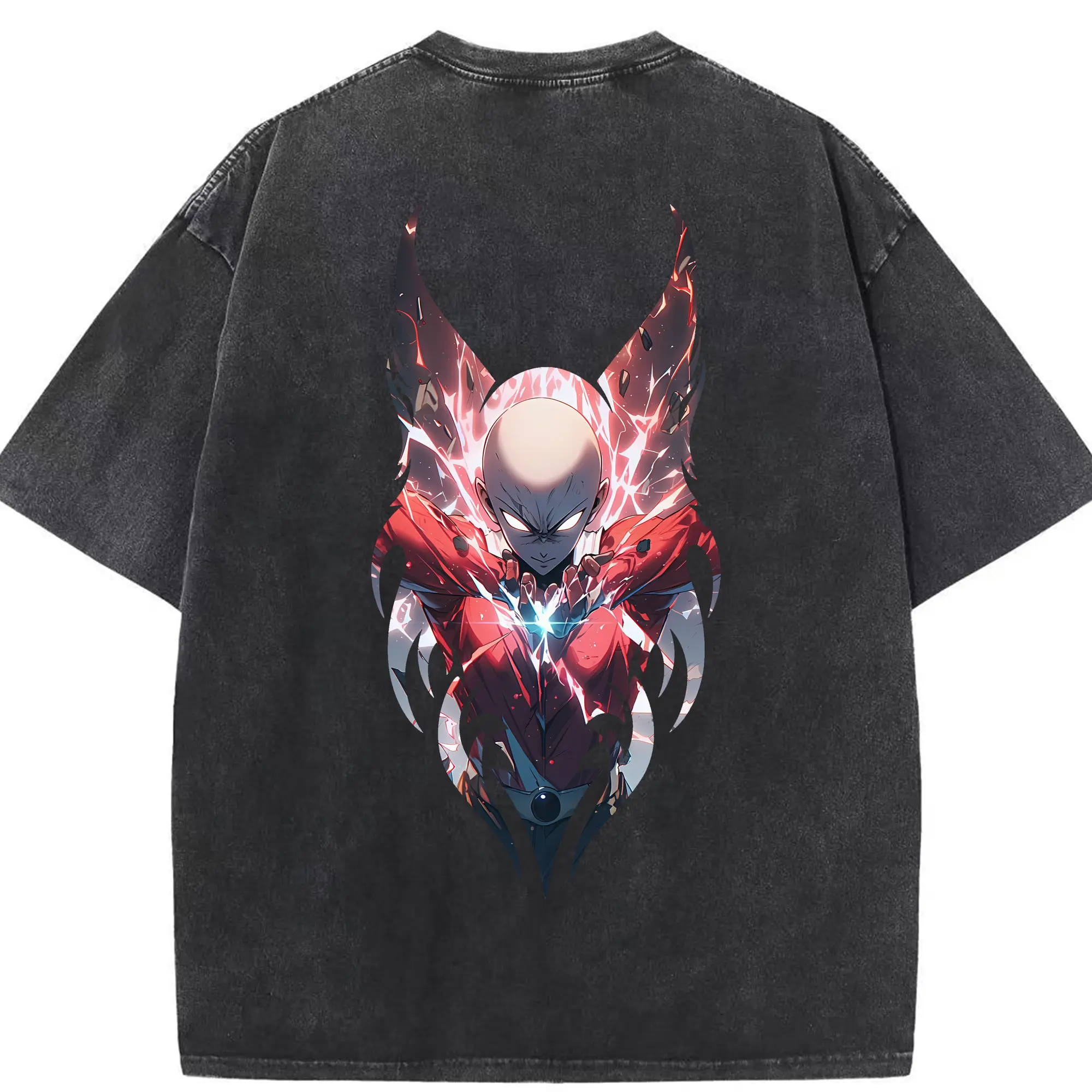 ワンパンマン グッズ サイタマ - 綿100％ ヴィンテージ風 半袖Tシャツ ・ 背面プリント ・ 柔らか肌触り ・ 通気性 快適 ・ スポーツ カジュアル 外出用