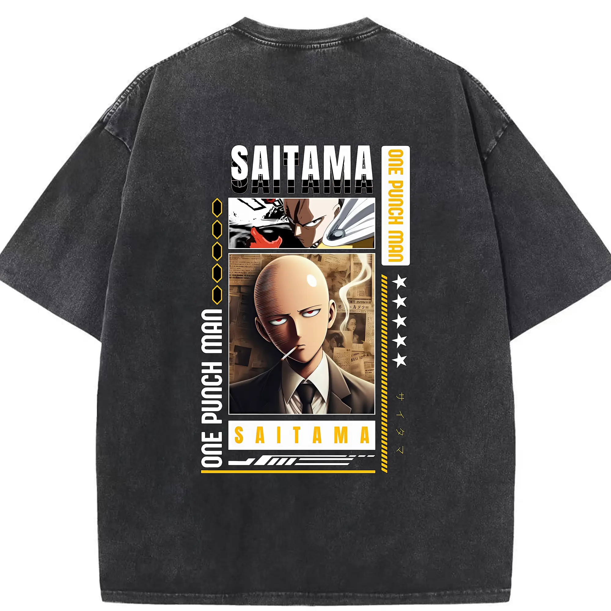 ワンパンマン グッズ サイタマ - 綿100％ ヴィンテージ風 半袖Tシャツ ・ 背面プリント ・ 柔らか肌触り ・ 通気性 快適 ・ スポーツ カジュアル 外出用