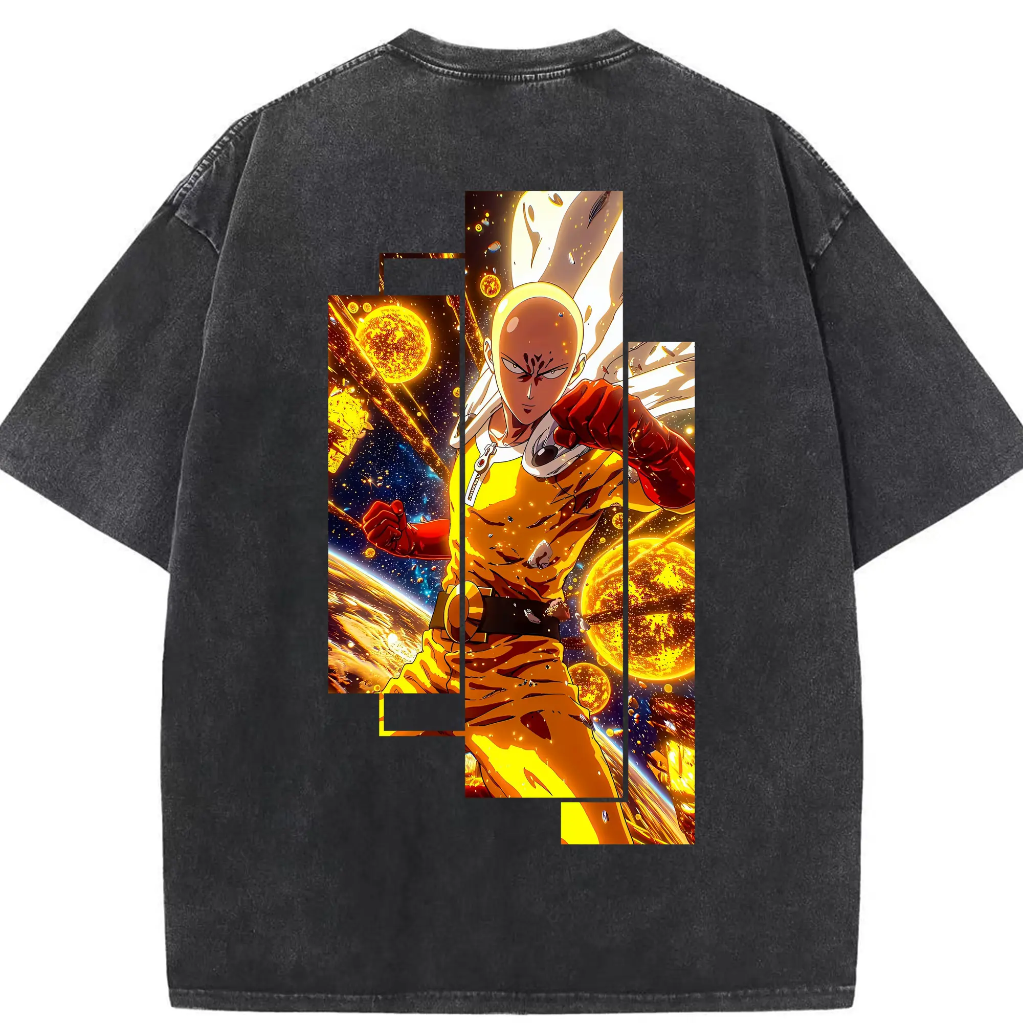 ワンパンマン グッズ サイタマ - 綿100％ ヴィンテージ風 半袖Tシャツ ・ 背面プリント ・ 柔らか肌触り ・ 通気性 快適 ・ スポーツ カジュアル 外出用