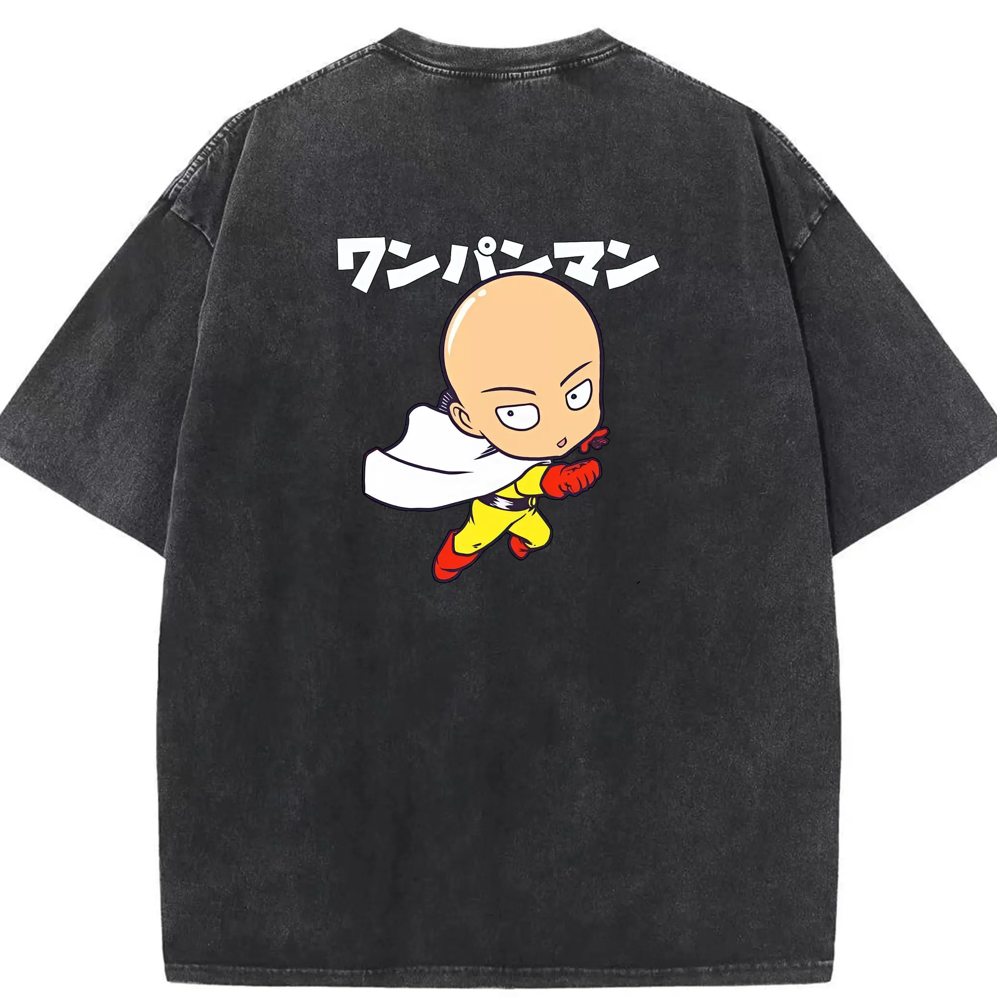 ワンパンマン グッズ サイタマ - 綿100％ ヴィンテージ風 半袖Tシャツ ・ 背面プリント ・ 柔らか肌触り ・ 通気性 快適 ・ スポーツ カジュアル 外出用