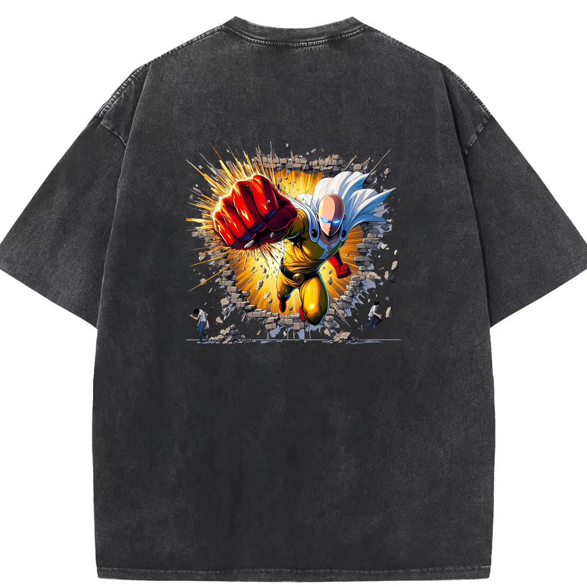 ワンパンマン グッズ サイタマ - 綿100％ ヴィンテージ風 半袖Tシャツ ・ 背面プリント ・ 柔らか肌触り ・ 通気性 快適 ・ スポーツ カジュアル 外出用