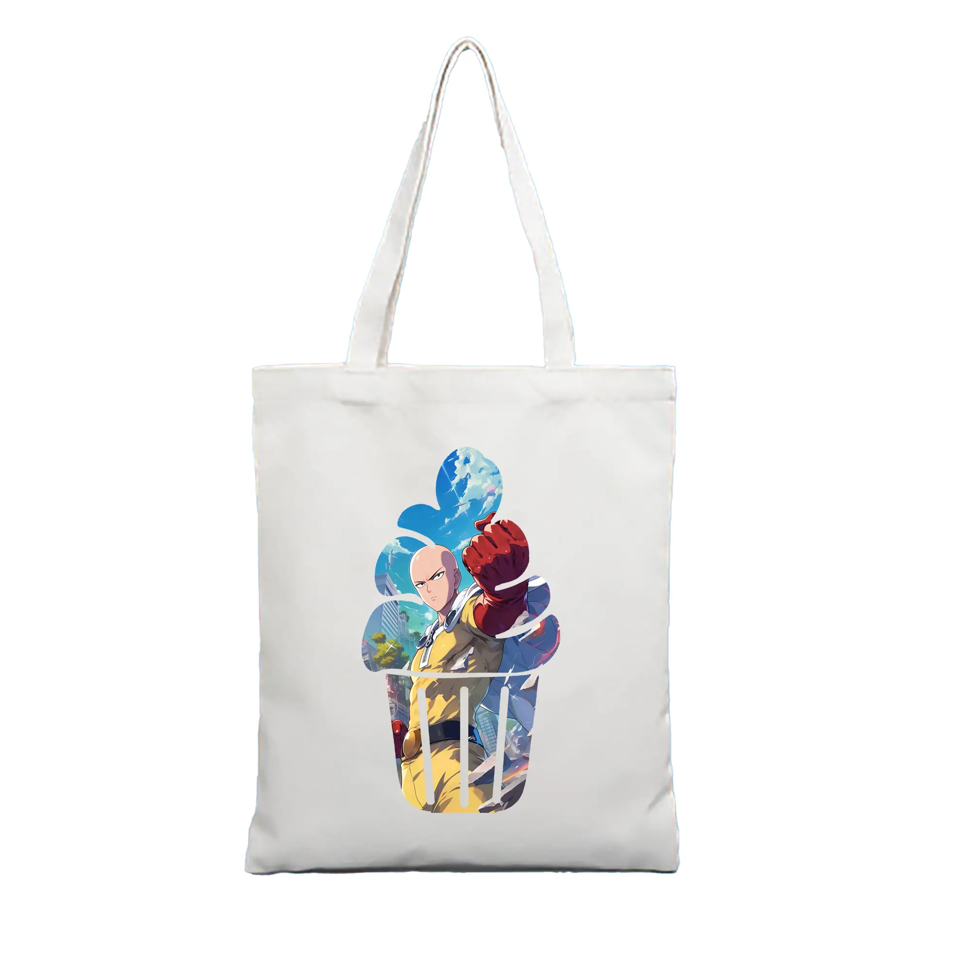 ワンパンマン グッズ サイタマ - 縦型キャンバス手提げバッグ（トートバッグ） ・ キャンバス素材 ・ ショッピング用 ・ 軽量 丈夫 お手入れ簡単