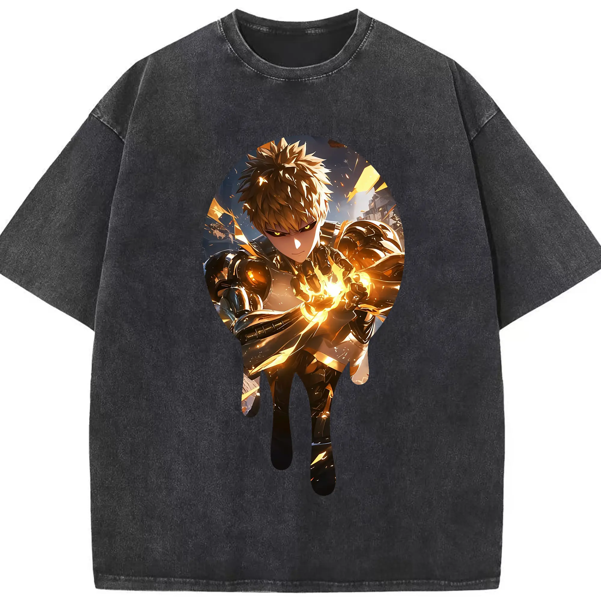 ワンパンマン グッズ ジェノス - 綿100％ ヴィンテージ風 半袖Tシャツ ・ フロントプリント ・ 柔らか肌触り ・ 通気性 快適 ・ スポーツ カジュアル 外出用