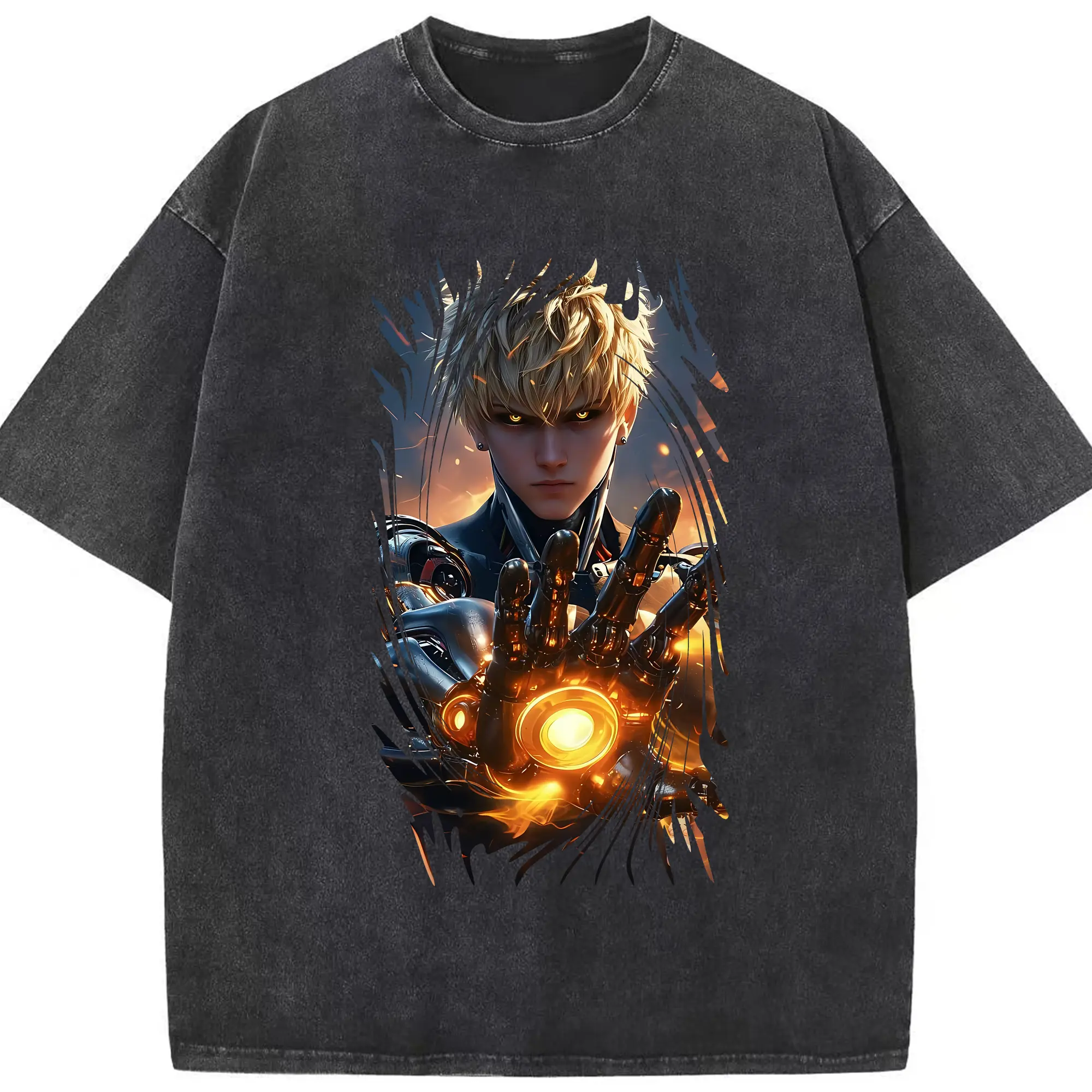 ワンパンマン グッズ ジェノス - 綿100％ ヴィンテージ風 半袖Tシャツ ・ フロントプリント ・ 柔らか肌触り ・ 通気性 快適 ・ スポーツ カジュアル 外出用