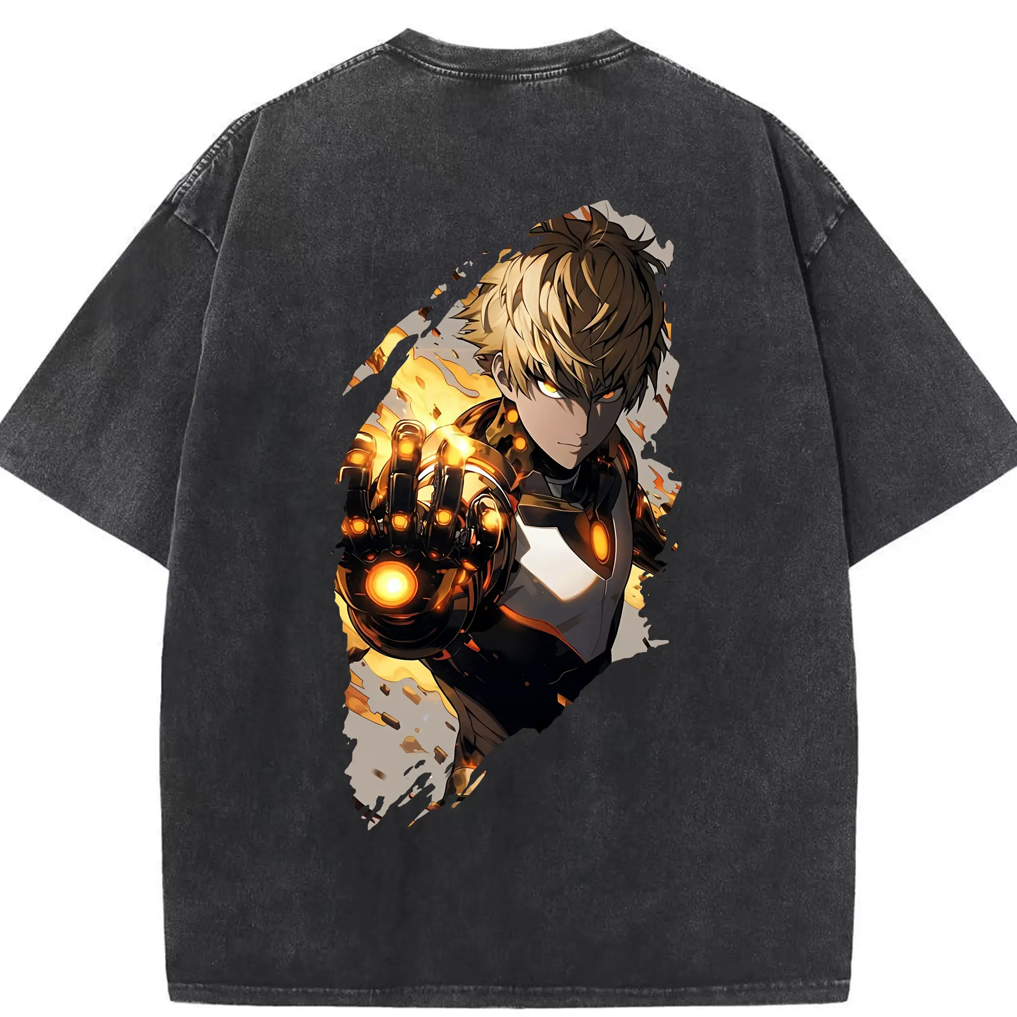 ワンパンマン グッズ ジェノス - 綿100％ ヴィンテージ風 半袖Tシャツ ・ 背面プリント ・ 柔らか肌触り ・ 通気性 快適 ・ スポーツ カジュアル 外出用