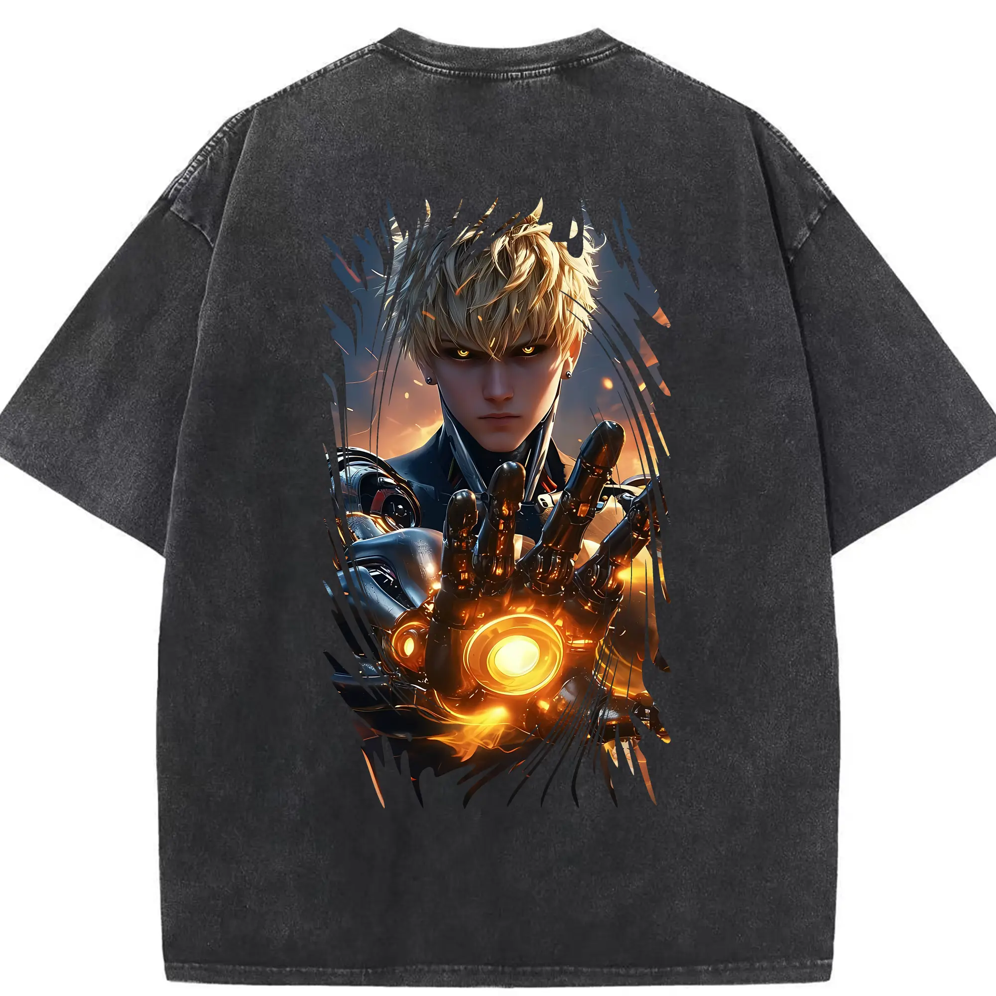 ワンパンマン グッズ ジェノス - 綿100％ ヴィンテージ風 半袖Tシャツ ・ 背面プリント ・ 柔らか肌触り ・ 通気性 快適 ・ スポーツ カジュアル 外出用