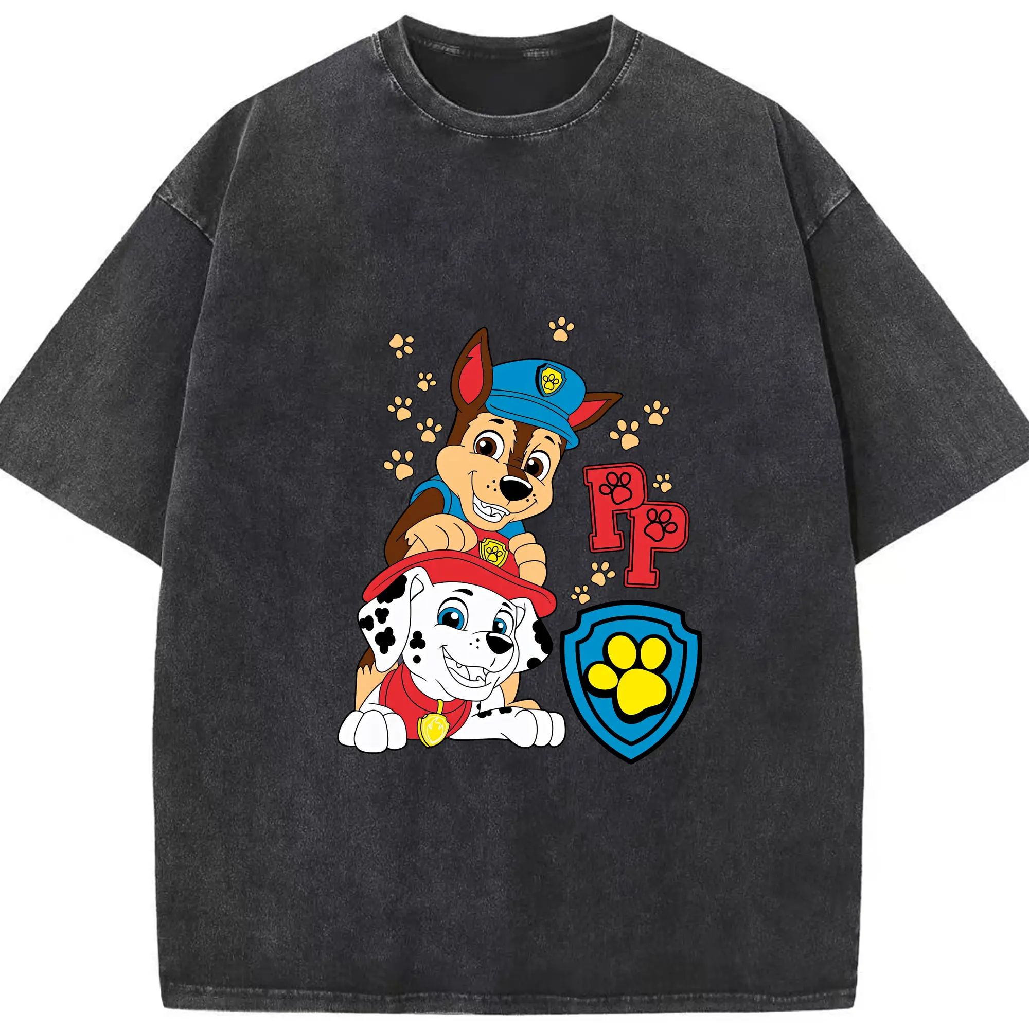 パウ・パトロール グッズ チェイス - 綿100％ ヴィンテージ風 半袖Tシャツ ・ フロントプリント ・ 柔らか肌触り ・ 通気性 快適 ・ スポーツ カジュアル 外出用