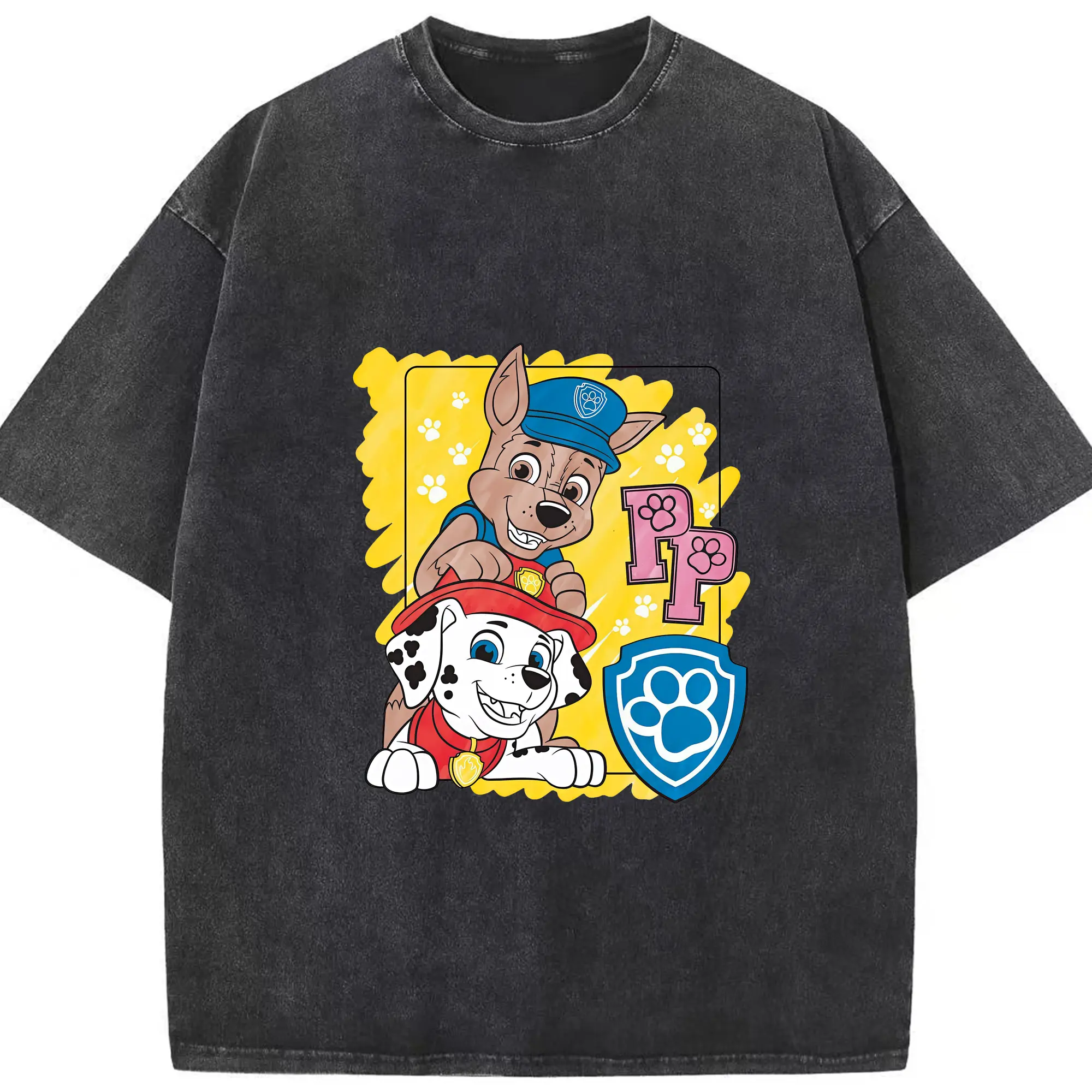 パウ・パトロール グッズ チェイス - 綿100％ ヴィンテージ風 半袖Tシャツ ・ フロントプリント ・ 柔らか肌触り ・ 通気性 快適 ・ スポーツ カジュアル 外出用
