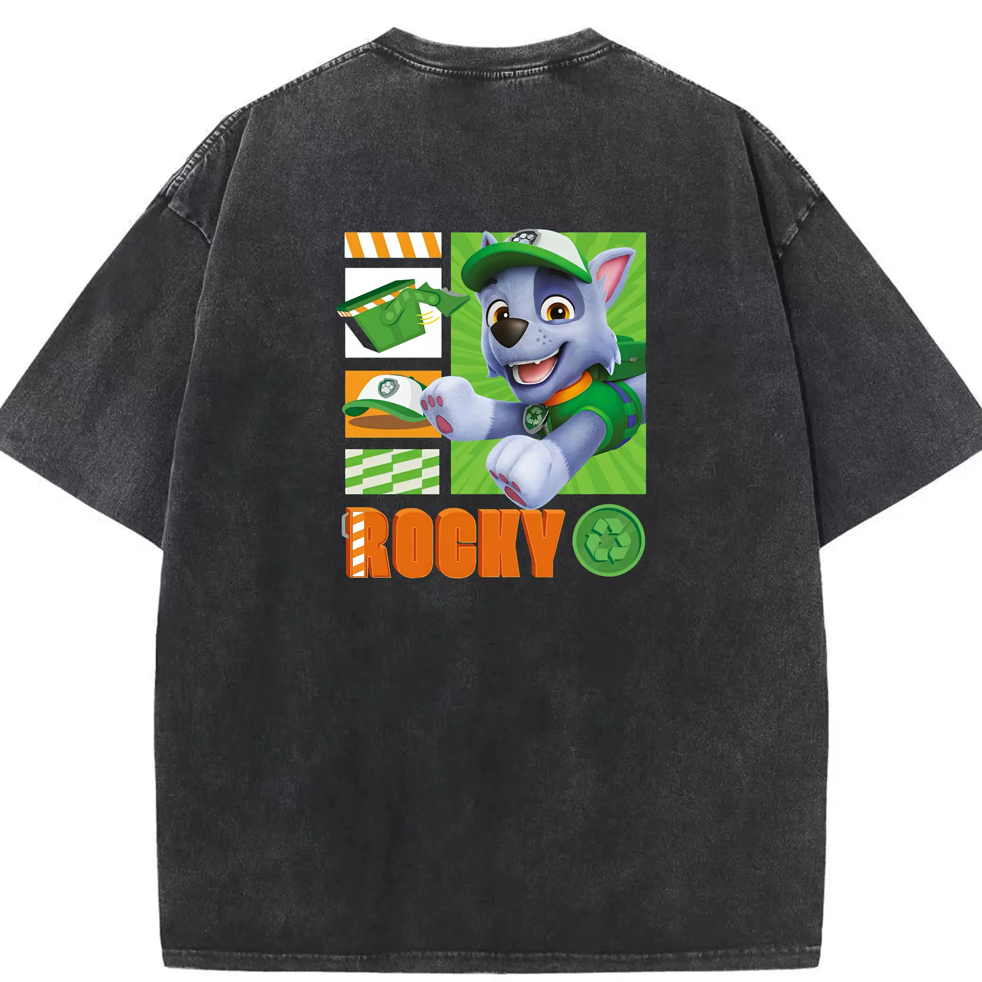 パウ・パトロール グッズ ロッキー - 綿100％ ヴィンテージ風 半袖Tシャツ ・ 背面プリント ・ 柔らか肌触り ・ 通気性 快適 ・ スポーツ カジュアル 外出用