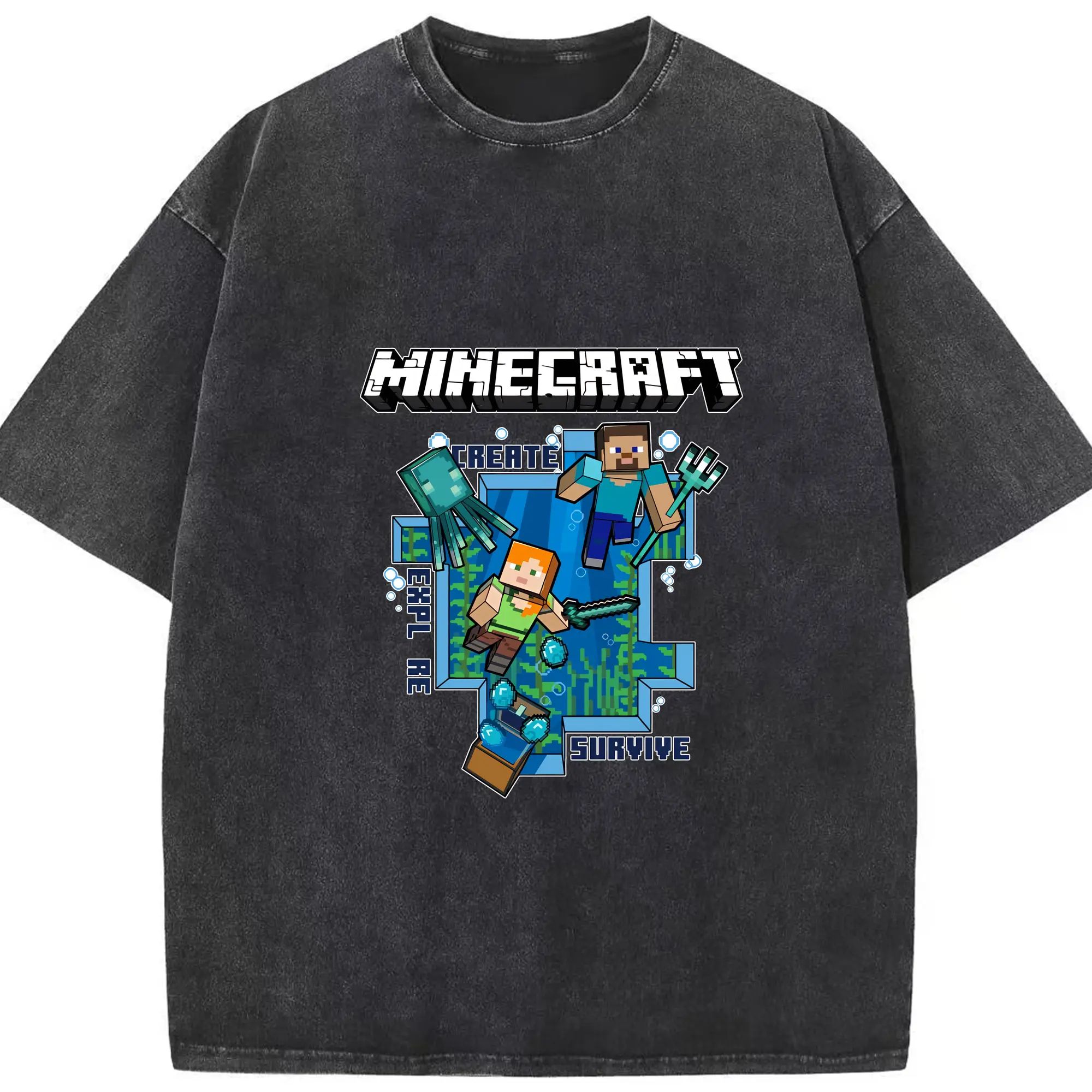 マイクラ グッズ  マイクラ - 綿100％ ヴィンテージ風 半袖Tシャツ ・ フロントプリント ・ 柔らか肌触り ・ 通気性 快適 ・ スポーツ カジュアル 外出用