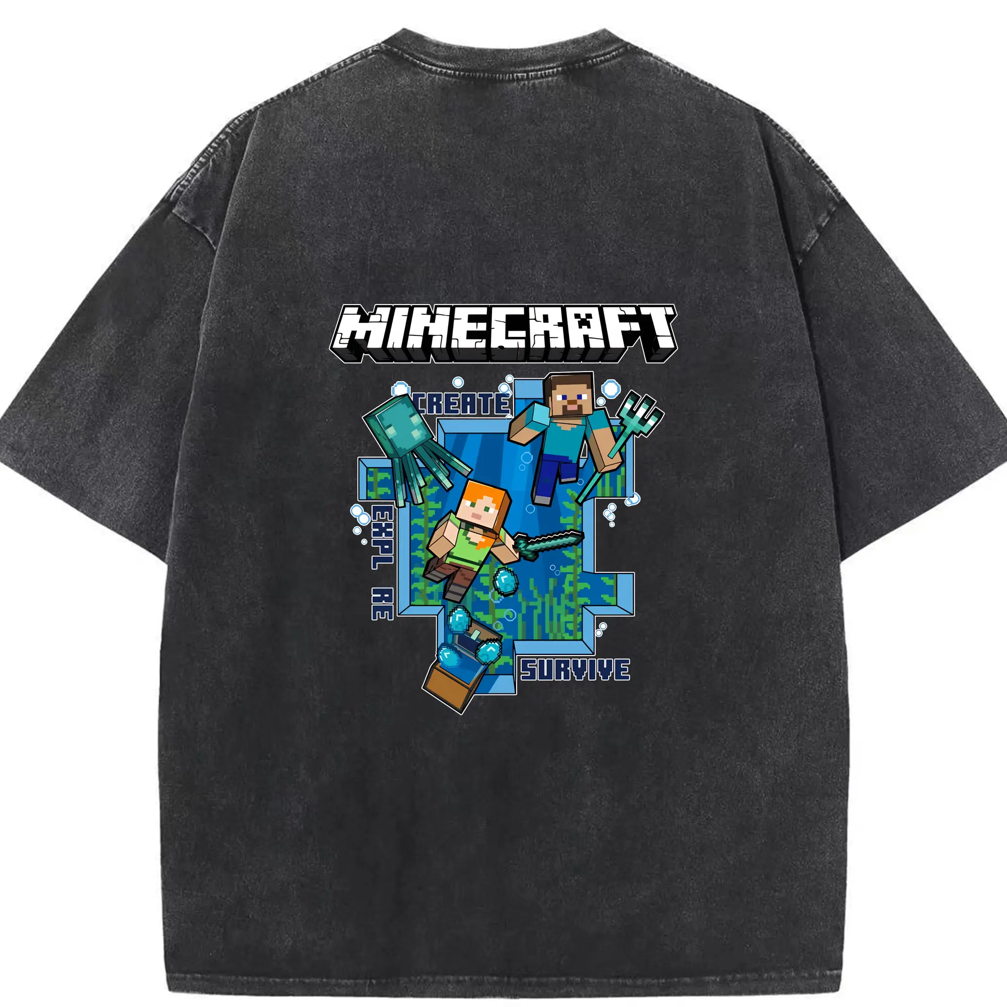 マイクラ グッズ  マイクラ - 綿100％ ヴィンテージ風 半袖Tシャツ ・ 背面プリント ・ 柔らか肌触り ・ 通気性 快適 ・ スポーツ カジュアル 外出用