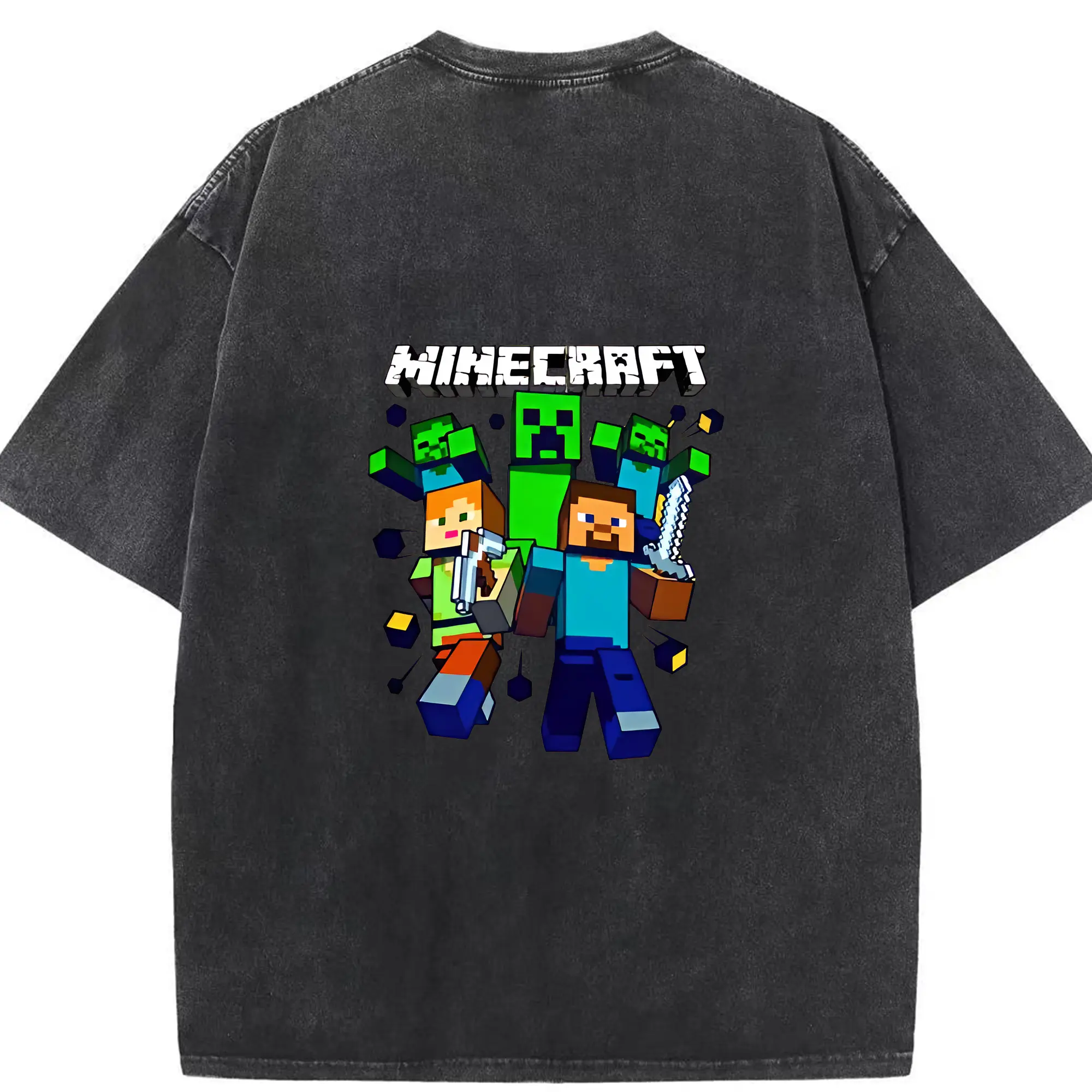 マイクラ グッズ  マイクラ - 綿100％ ヴィンテージ風 半袖Tシャツ ・ 背面プリント ・ 柔らか肌触り ・ 通気性 快適 ・ スポーツ カジュアル 外出用