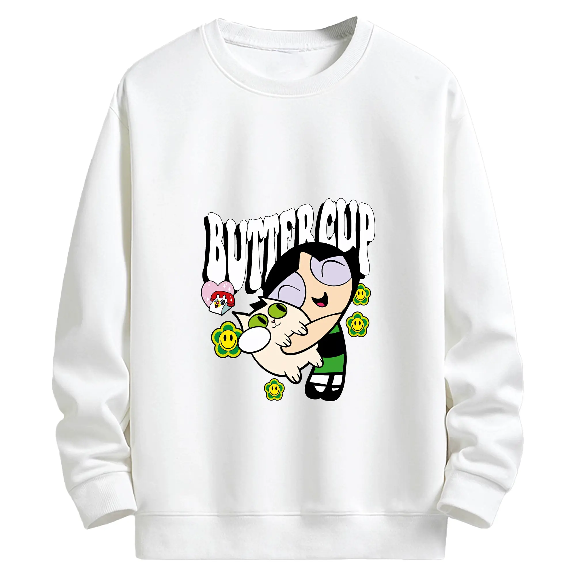 パワパフガールズ グッズ バターカップ - キッズ クルーネックスウェットシャツ ・ フロントプリント ・ 綿80％ ポリエステル20％ ・ 快適 通学 スポーツ 日常使い お散歩用