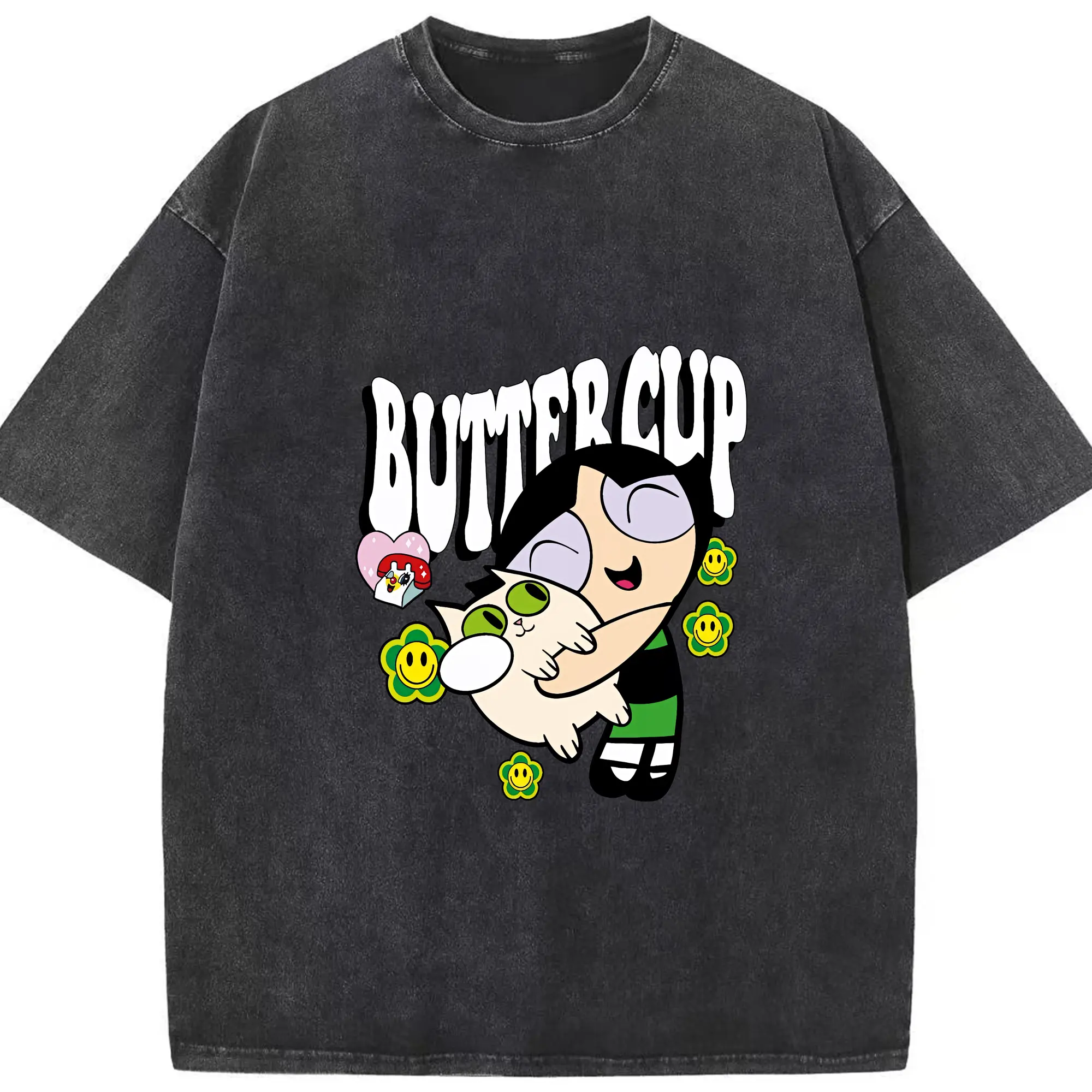 パワパフガールズ グッズ バターカップ - 綿100％ ヴィンテージ風 半袖Tシャツ ・ フロントプリント ・ 柔らか肌触り ・ 通気性 快適 ・ スポーツ カジュアル 外出用