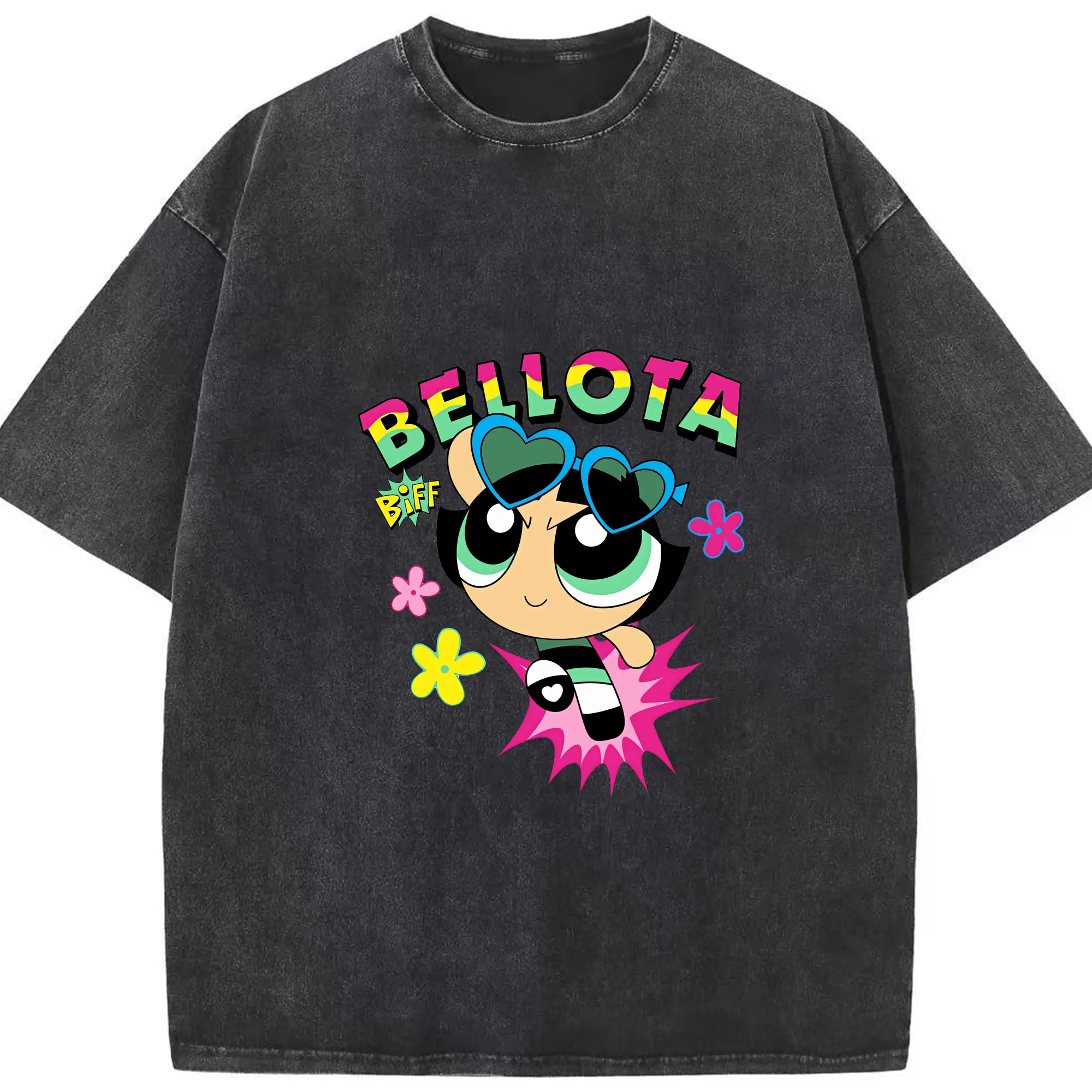 パワパフガールズ グッズ バターカップ - 綿100％ ヴィンテージ風 半袖Tシャツ ・ フロントプリント ・ 柔らか肌触り ・ 通気性 快適 ・ スポーツ カジュアル 外出用