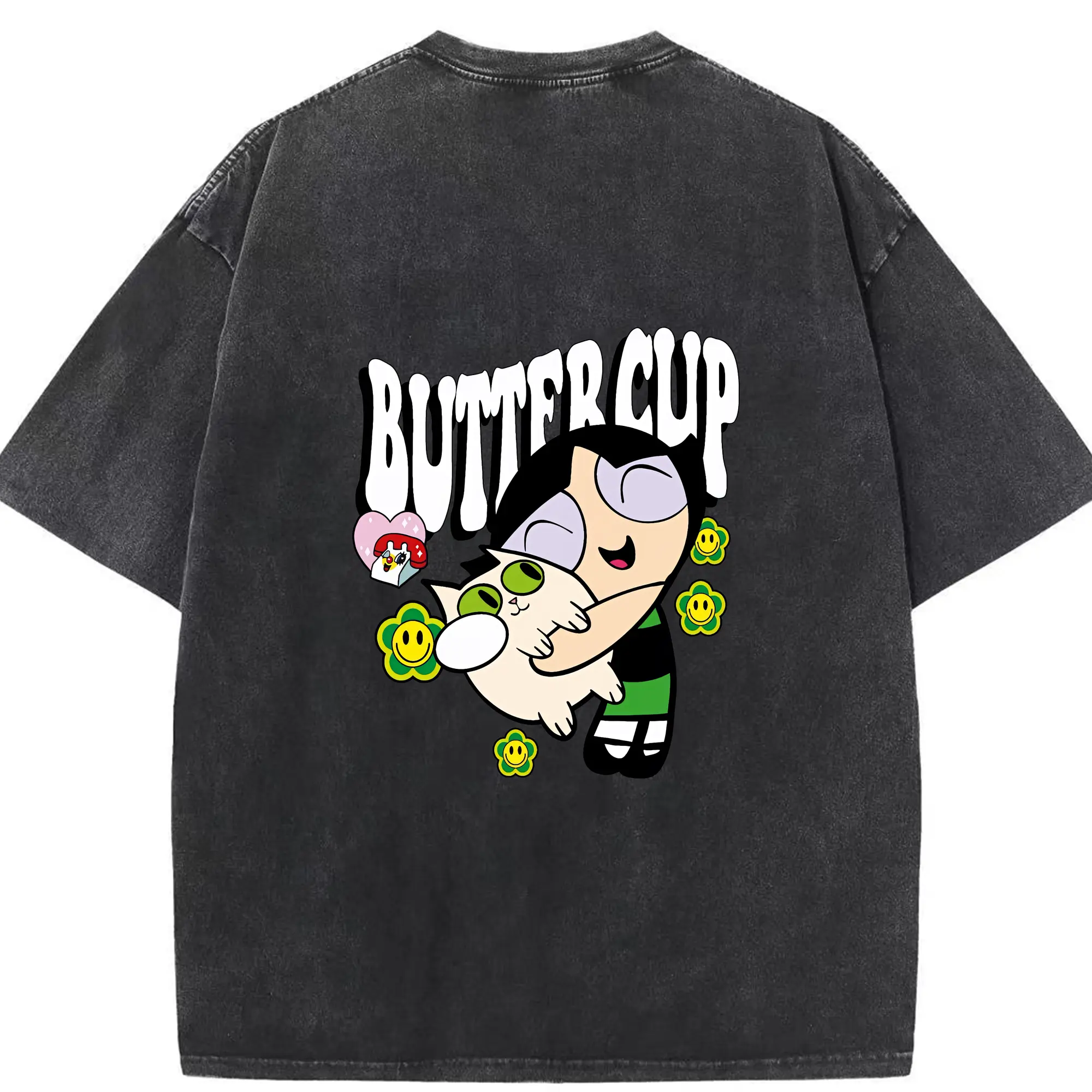パワパフガールズ グッズ バターカップ - 綿100％ ヴィンテージ風 半袖Tシャツ ・ 背面プリント ・ 柔らか肌触り ・ 通気性 快適 ・ スポーツ カジュアル 外出用
