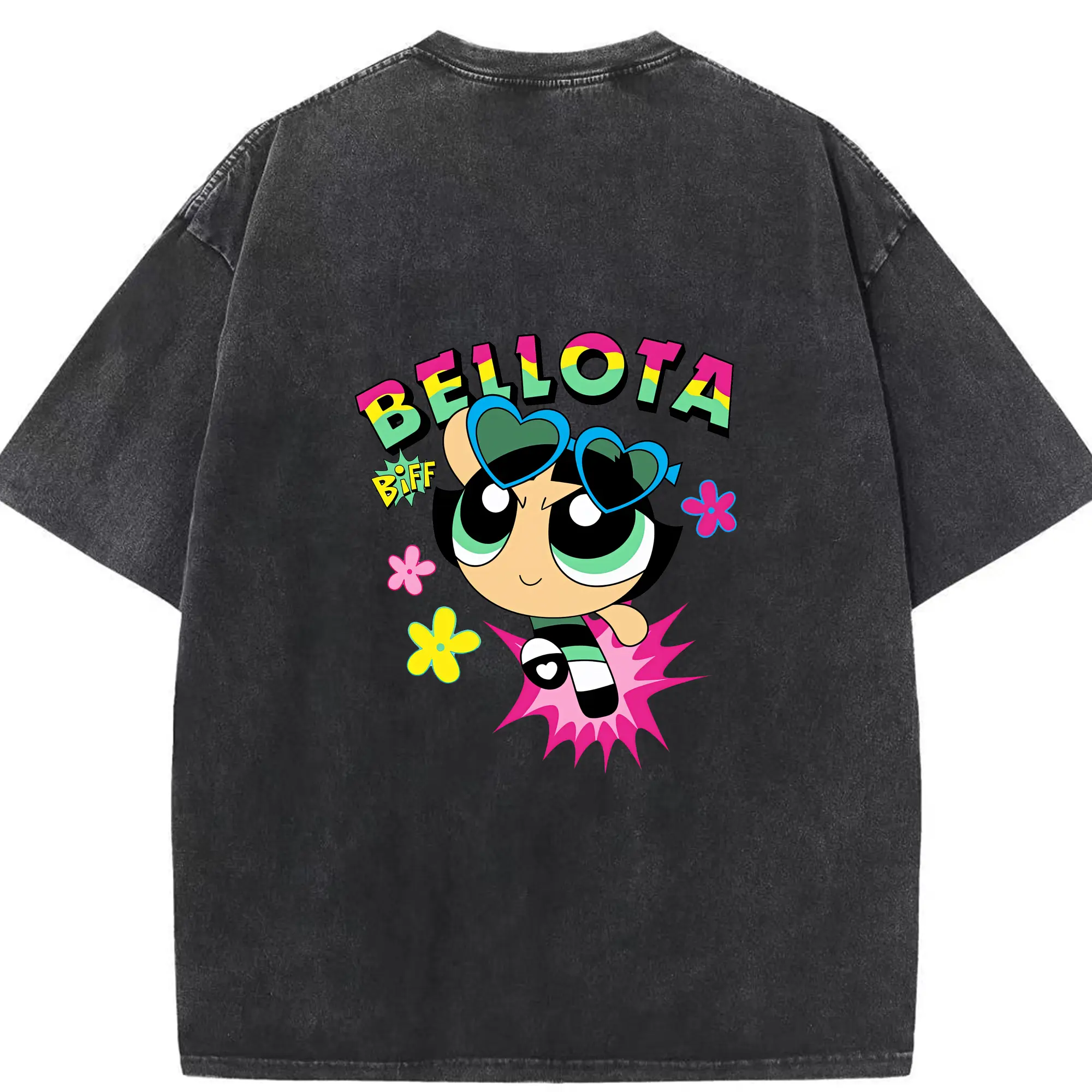 パワパフガールズ グッズ バターカップ - 綿100％ ヴィンテージ風 半袖Tシャツ ・ 背面プリント ・ 柔らか肌触り ・ 通気性 快適 ・ スポーツ カジュアル 外出用