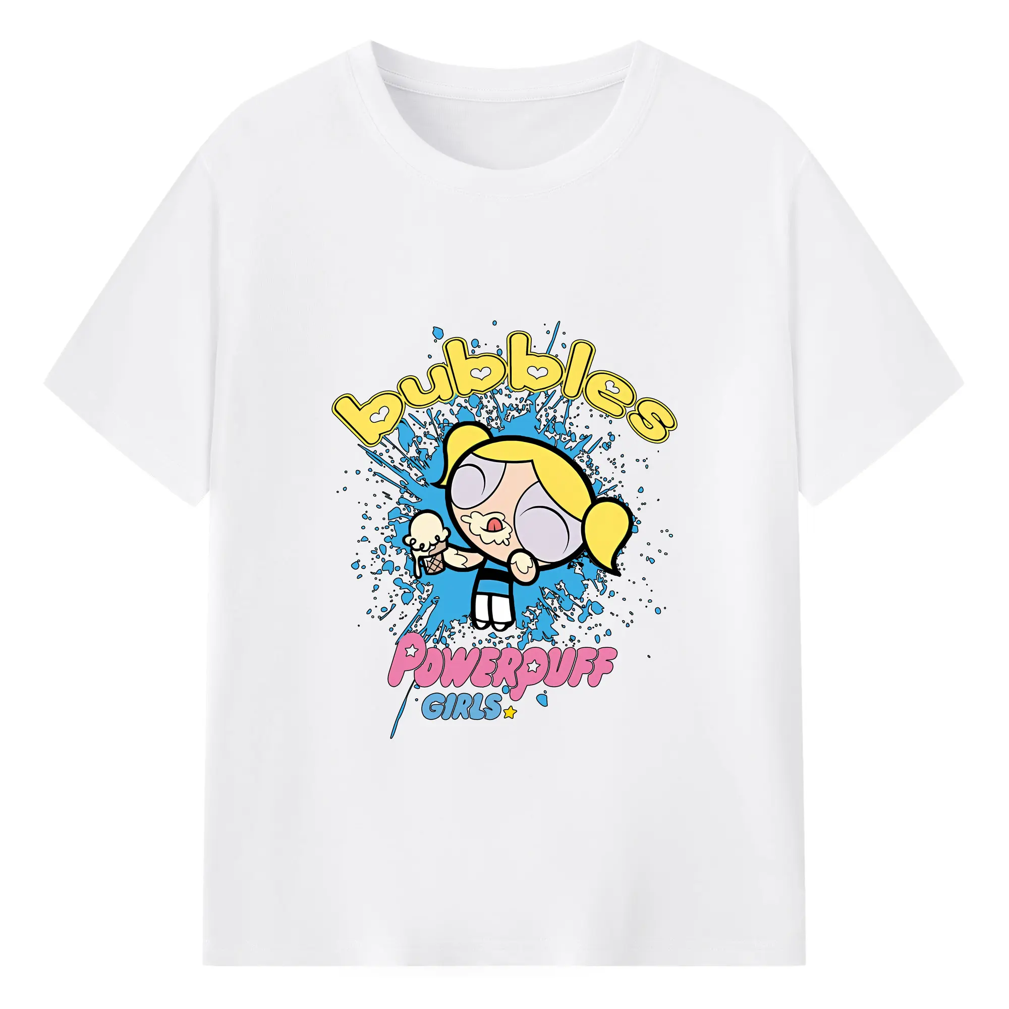 パワパフガールズ グッズ バブルス - 綿100％ 半袖Tシャツ ・ フロントプリント ・ 快適 通気性 ・ 日常使い 散歩 スポーツ用