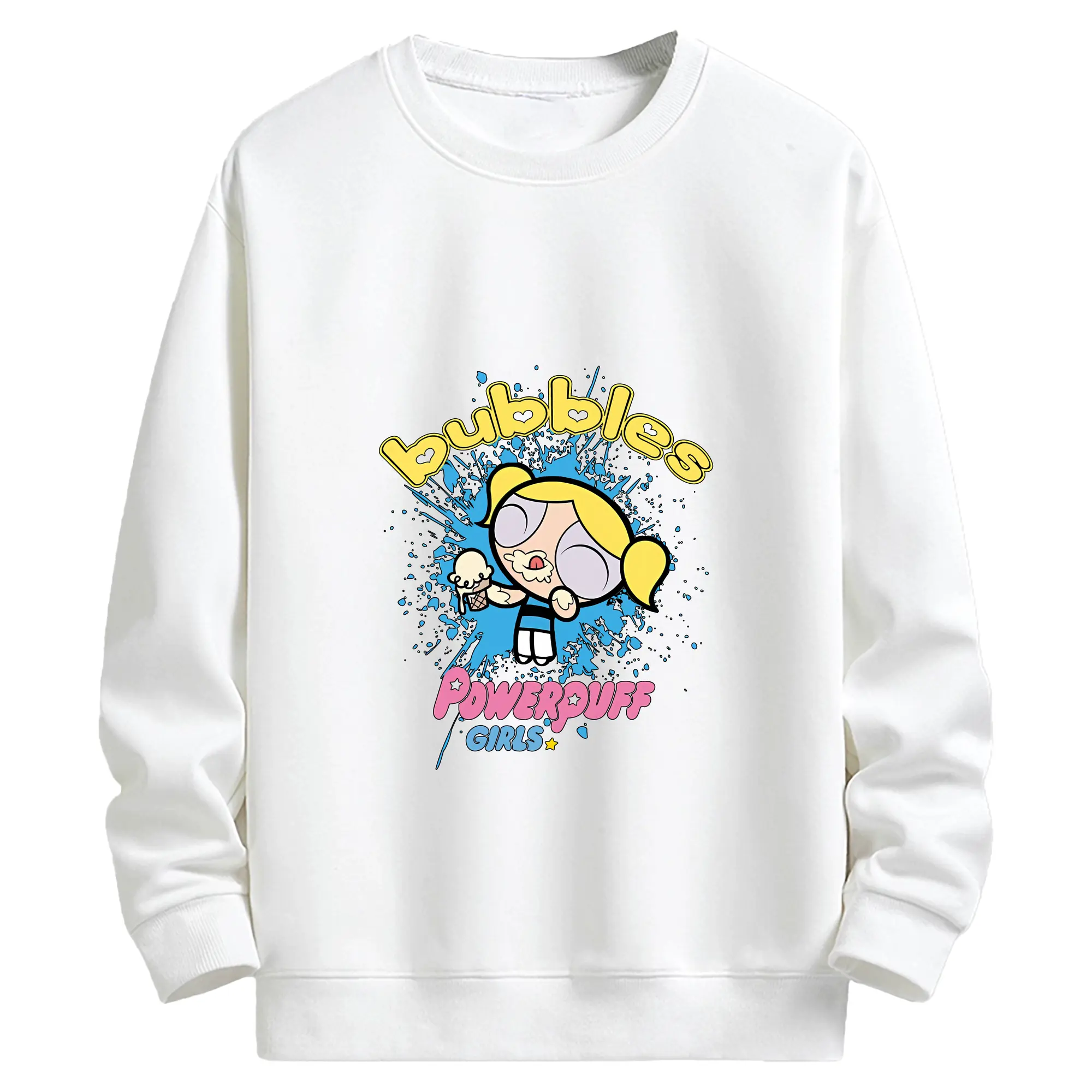 パワパフガールズ グッズ バブルス - キッズ クルーネックスウェットシャツ ・ フロントプリント ・ 綿80％ ポリエステル20％ ・ 快適 通学 スポーツ 日常使い お散歩用