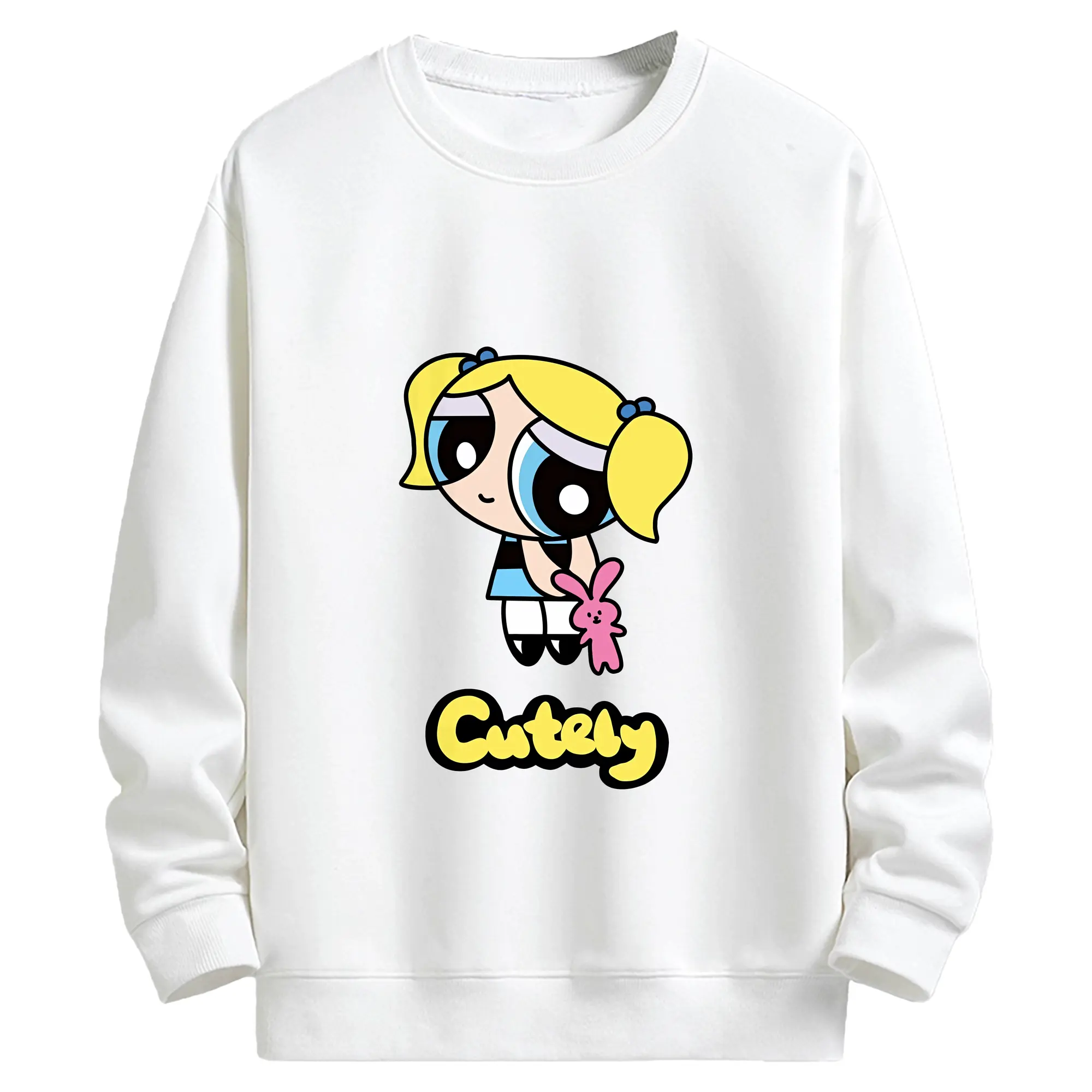 パワパフガールズ グッズ バブルス - キッズ クルーネックスウェットシャツ ・ フロントプリント ・ 綿80％ ポリエステル20％ ・ 快適 通学 スポーツ 日常使い お散歩用