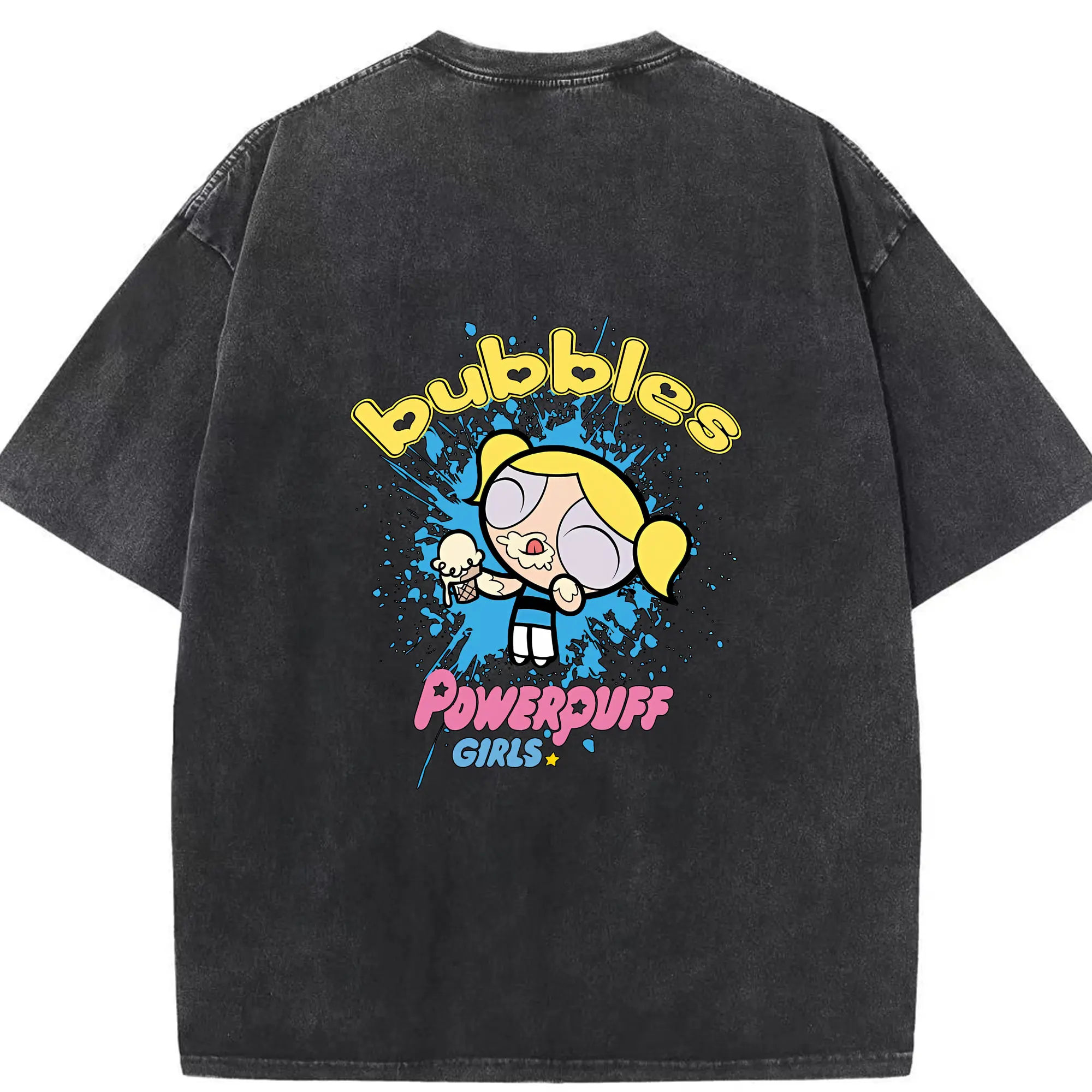 パワパフガールズ グッズ バブルス - 綿100％ ヴィンテージ風 半袖Tシャツ ・ 背面プリント ・ 柔らか肌触り ・ 通気性 快適 ・ スポーツ カジュアル 外出用