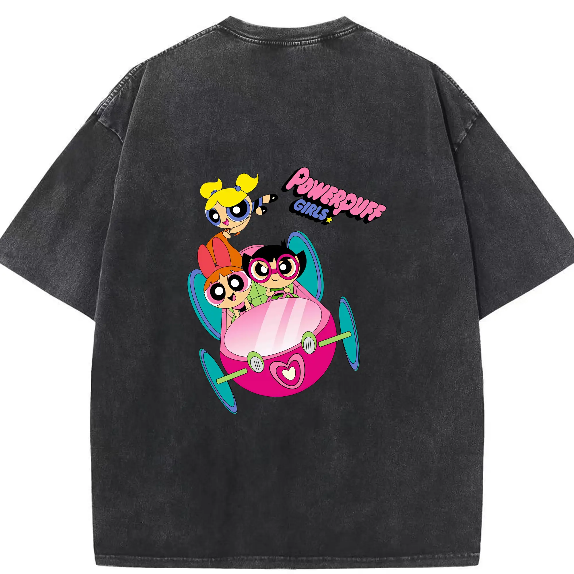 パワパフガールズ グッズ バブルス - 綿100％ ヴィンテージ風 半袖Tシャツ ・ 背面プリント ・ 柔らか肌触り ・ 通気性 快適 ・ スポーツ カジュアル 外出用