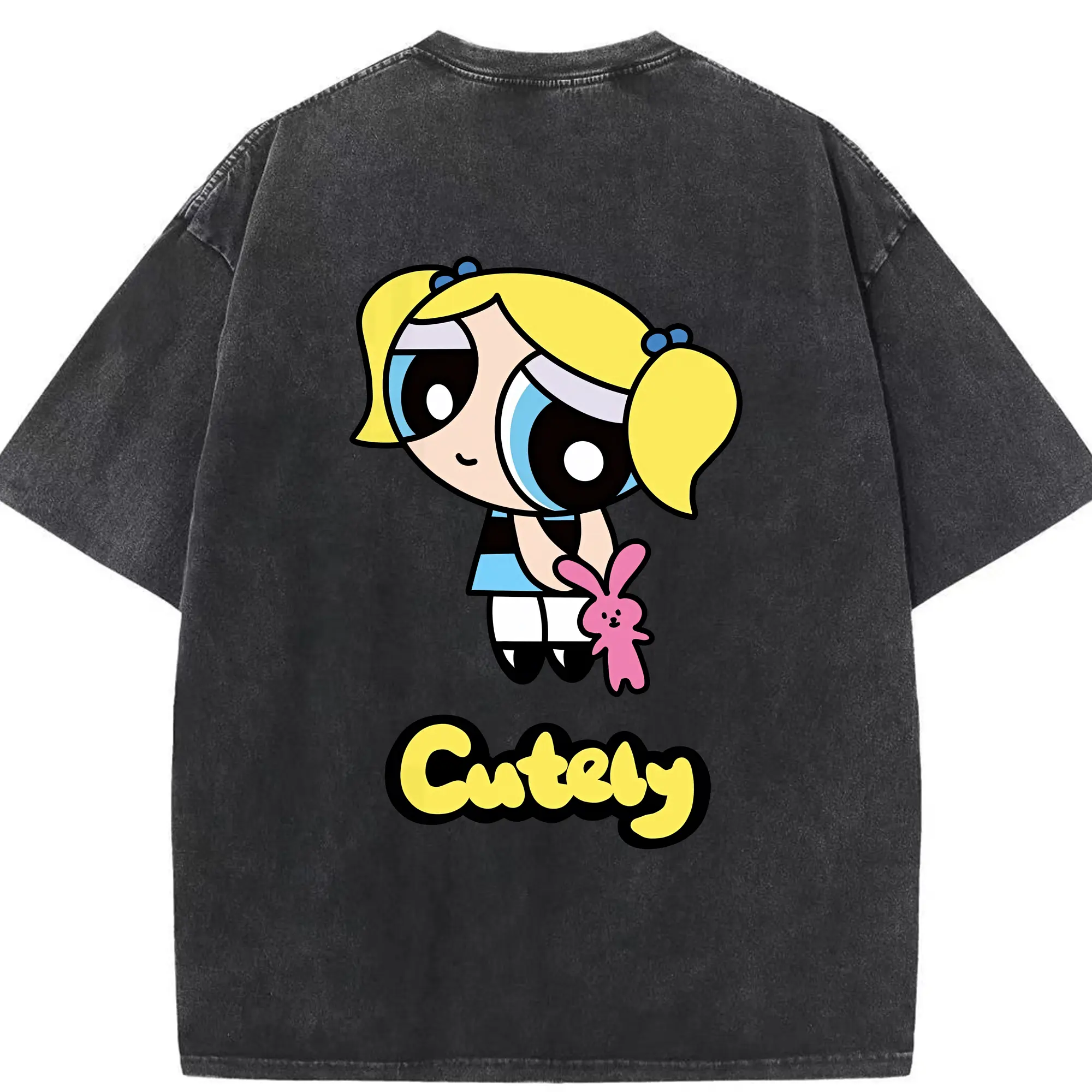 パワパフガールズ グッズ バブルス - 綿100％ ヴィンテージ風 半袖Tシャツ ・ 背面プリント ・ 柔らか肌触り ・ 通気性 快適 ・ スポーツ カジュアル 外出用