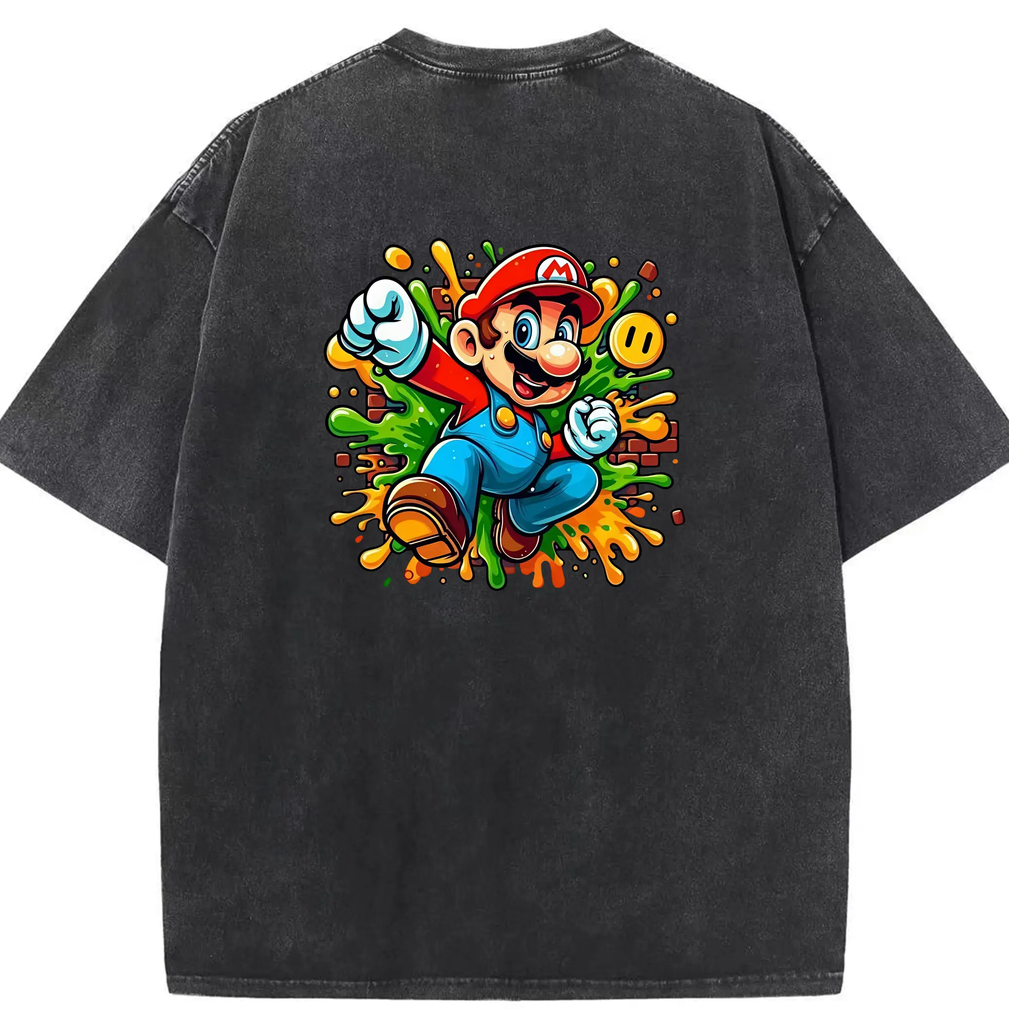 マリオ グッズ マリオ - 綿100％ ヴィンテージ風 半袖Tシャツ ・ 背面プリント ・ 柔らか肌触り ・ 通気性 快適 ・ スポーツ カジュアル 外出用