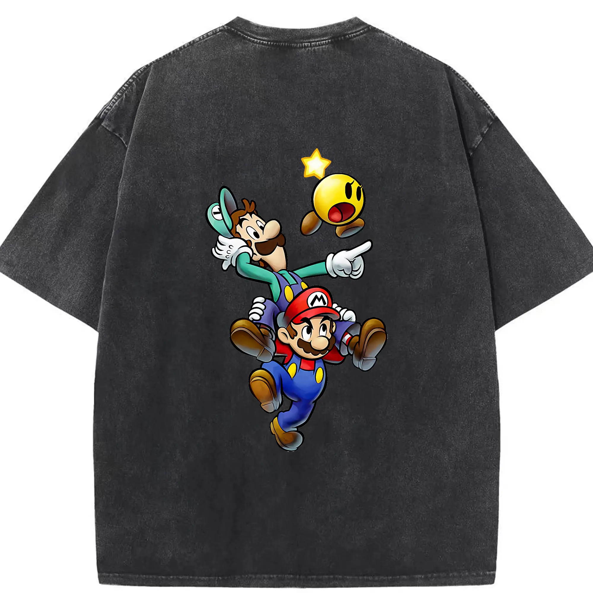 マリオ グッズ ルイージ - 綿100％ ヴィンテージ風 半袖Tシャツ ・ 背面プリント ・ 柔らか肌触り ・ 通気性 快適 ・ スポーツ カジュアル 外出用