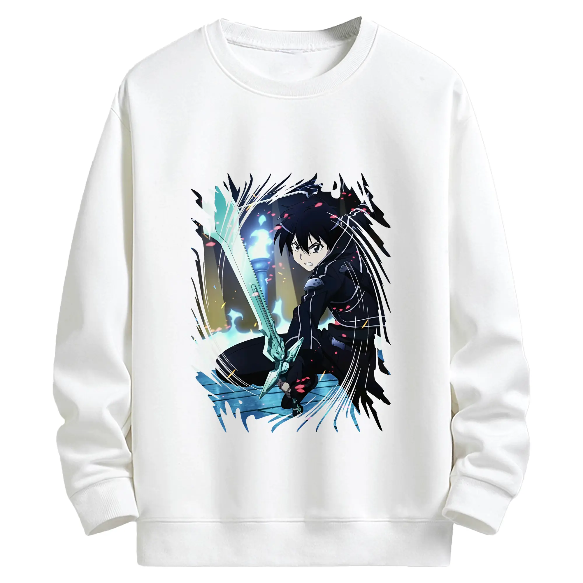 ソードアートオンライン グッズ キリト - キッズ クルーネックスウェットシャツ ・ フロントプリント ・ 綿80％ ポリエステル20％ ・ 快適 通学 スポーツ 日常使い お散歩用