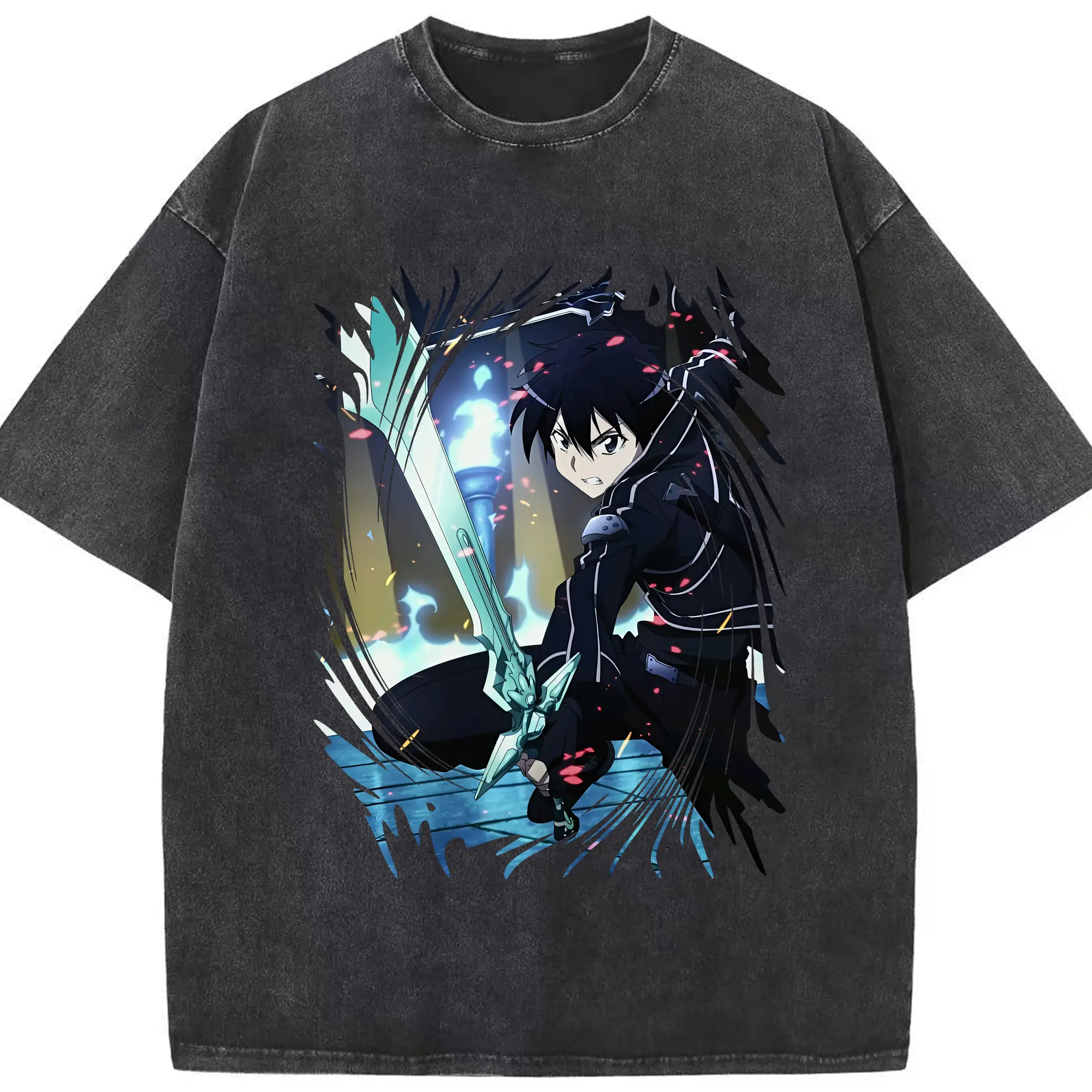 ソードアートオンライン グッズ キリト - 綿100％ ヴィンテージ風 半袖Tシャツ ・ フロントプリント ・ 柔らか肌触り ・ 通気性 快適 ・ スポーツ カジュアル 外出用