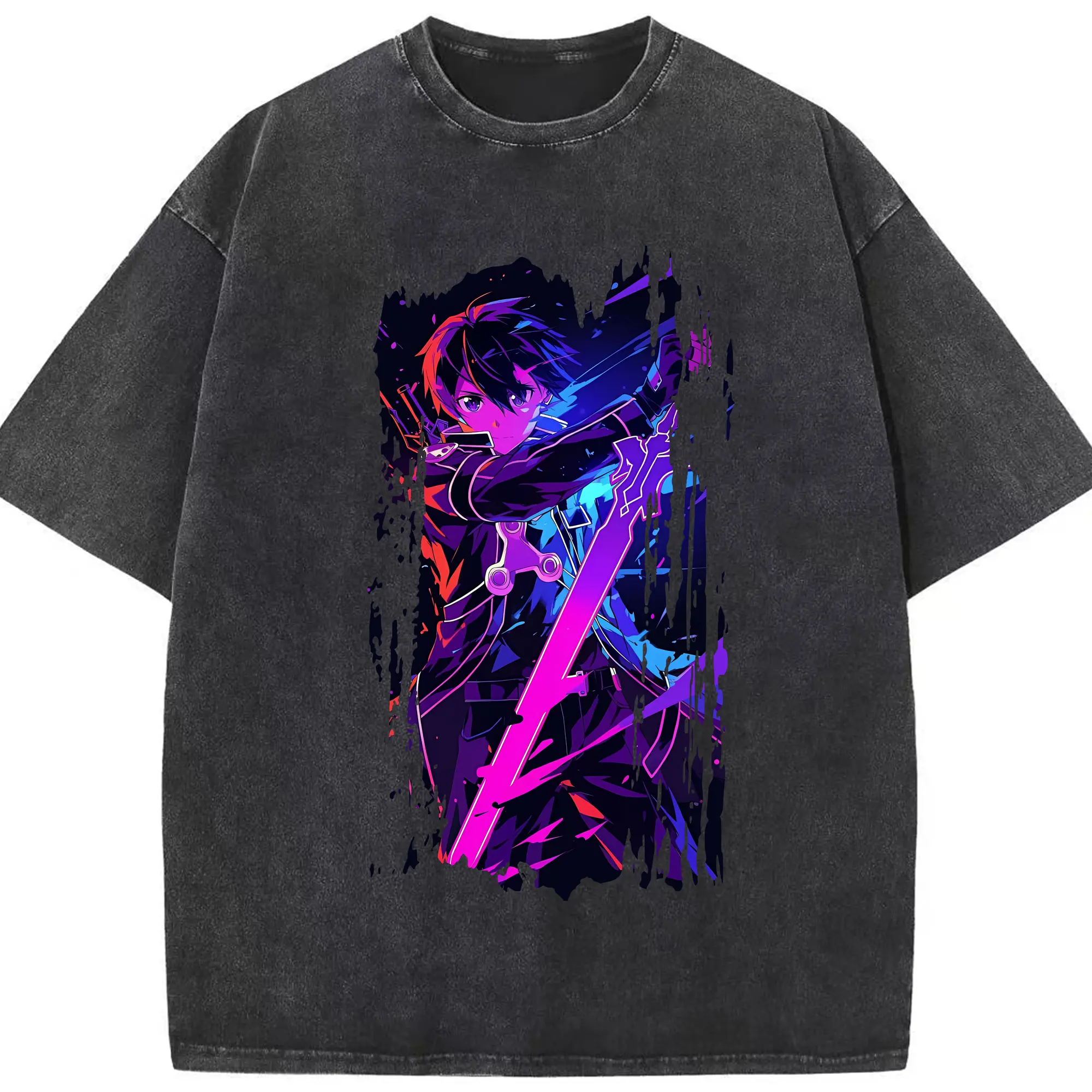 ソードアートオンライン グッズ キリト - 綿100％ ヴィンテージ風 半袖Tシャツ ・ フロントプリント ・ 柔らか肌触り ・ 通気性 快適 ・ スポーツ カジュアル 外出用
