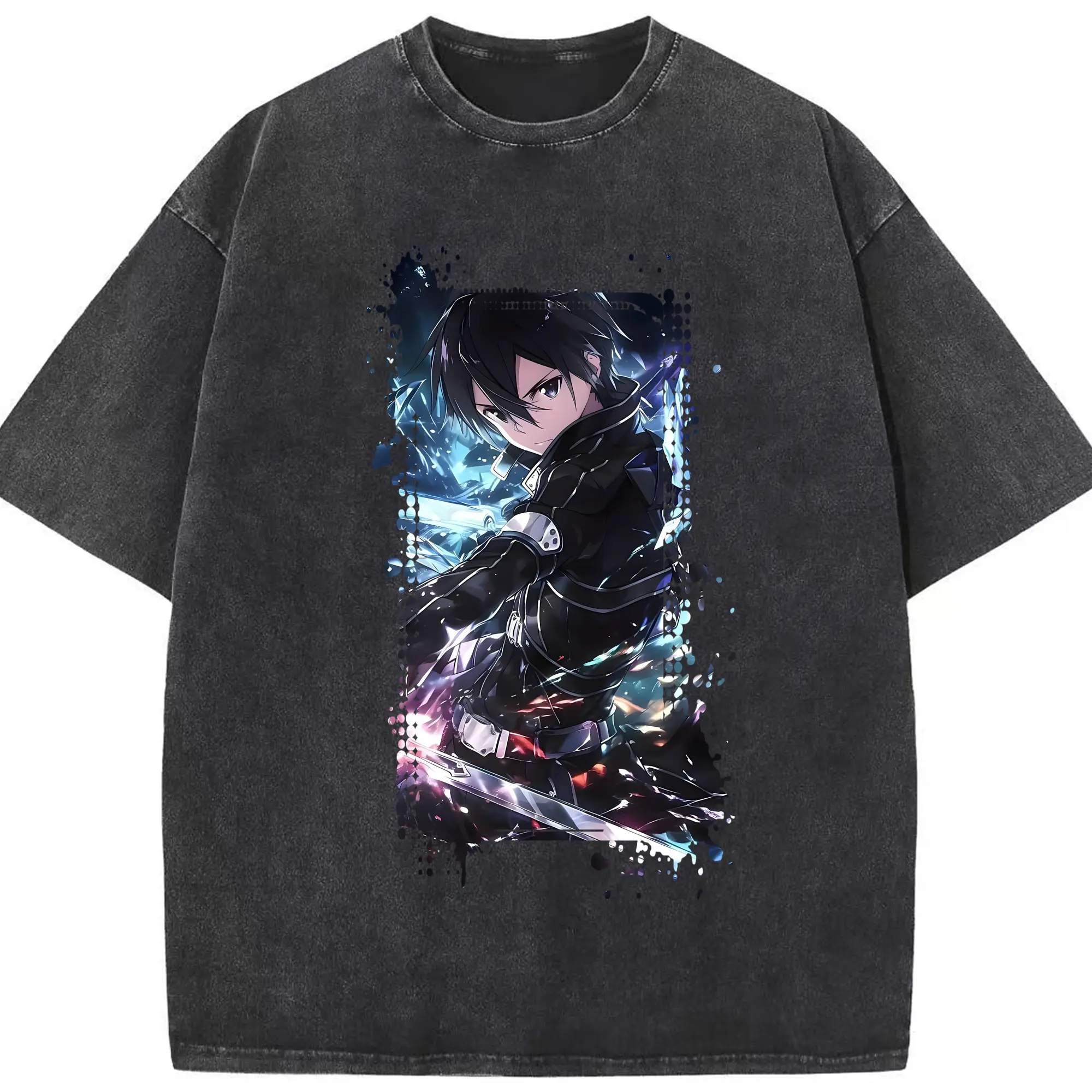 ソードアートオンライン グッズ キリト - 綿100％ ヴィンテージ風 半袖Tシャツ ・ フロントプリント ・ 柔らか肌触り ・ 通気性 快適 ・ スポーツ カジュアル 外出用
